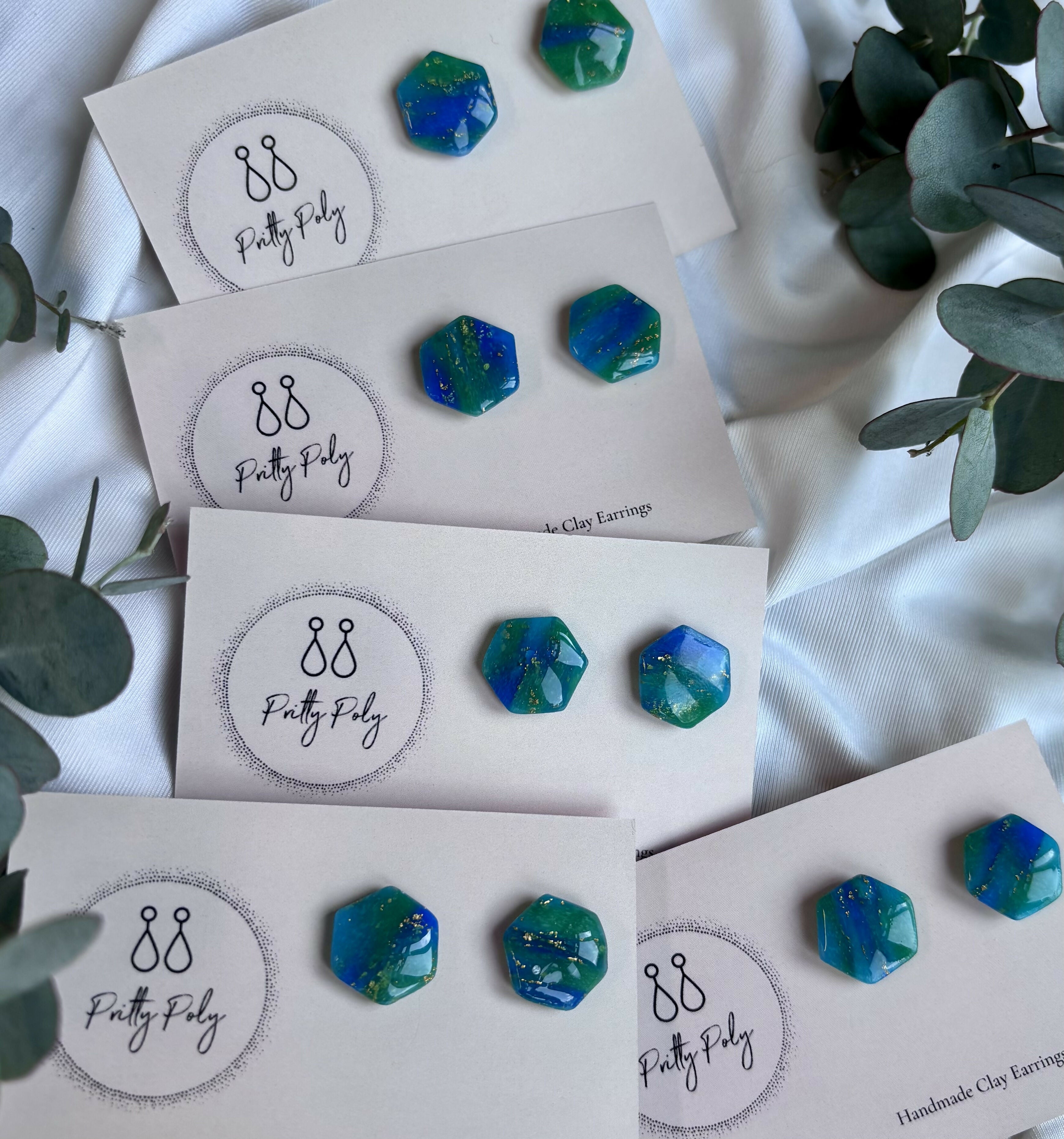 Blue and Gold Fleck Pentagon Polymer Clay Studs