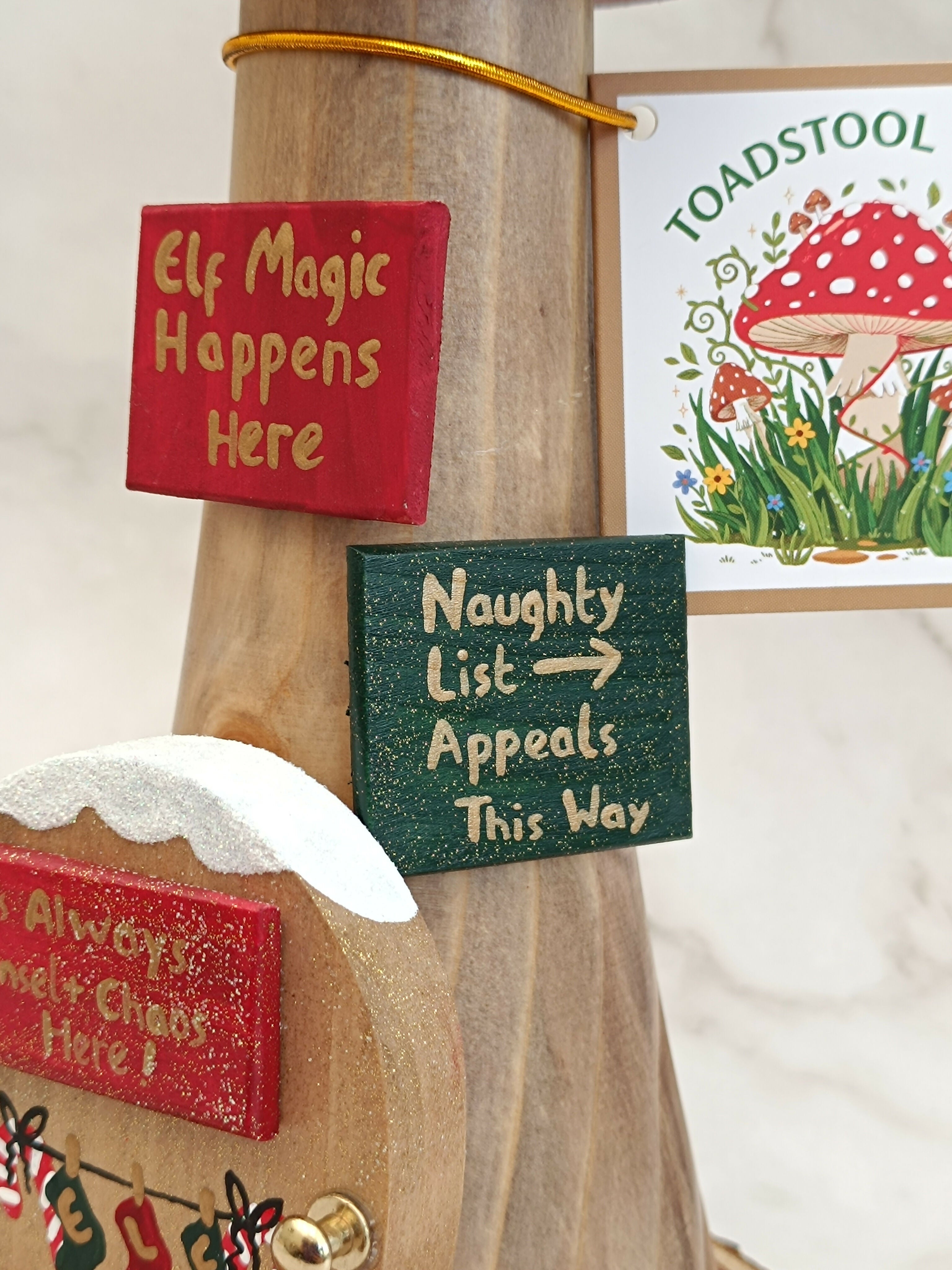 30cm Red Handmade, Free Standing Painted Wooden Fluted Topped Toadstool Elf House - Whimsical Woodland Ornament & Holiday Keepsake