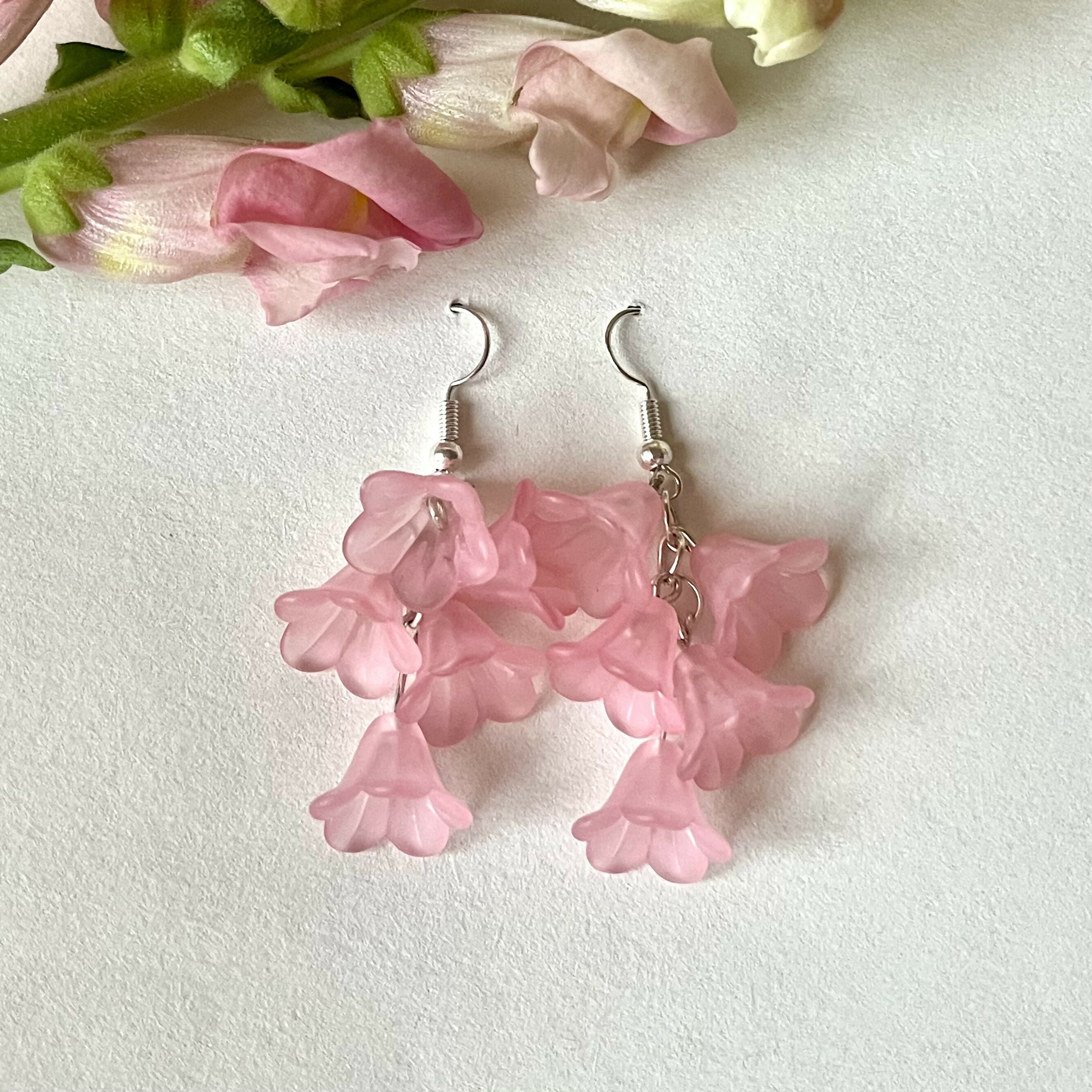 Pink Cascading Flower Earrings In Silver