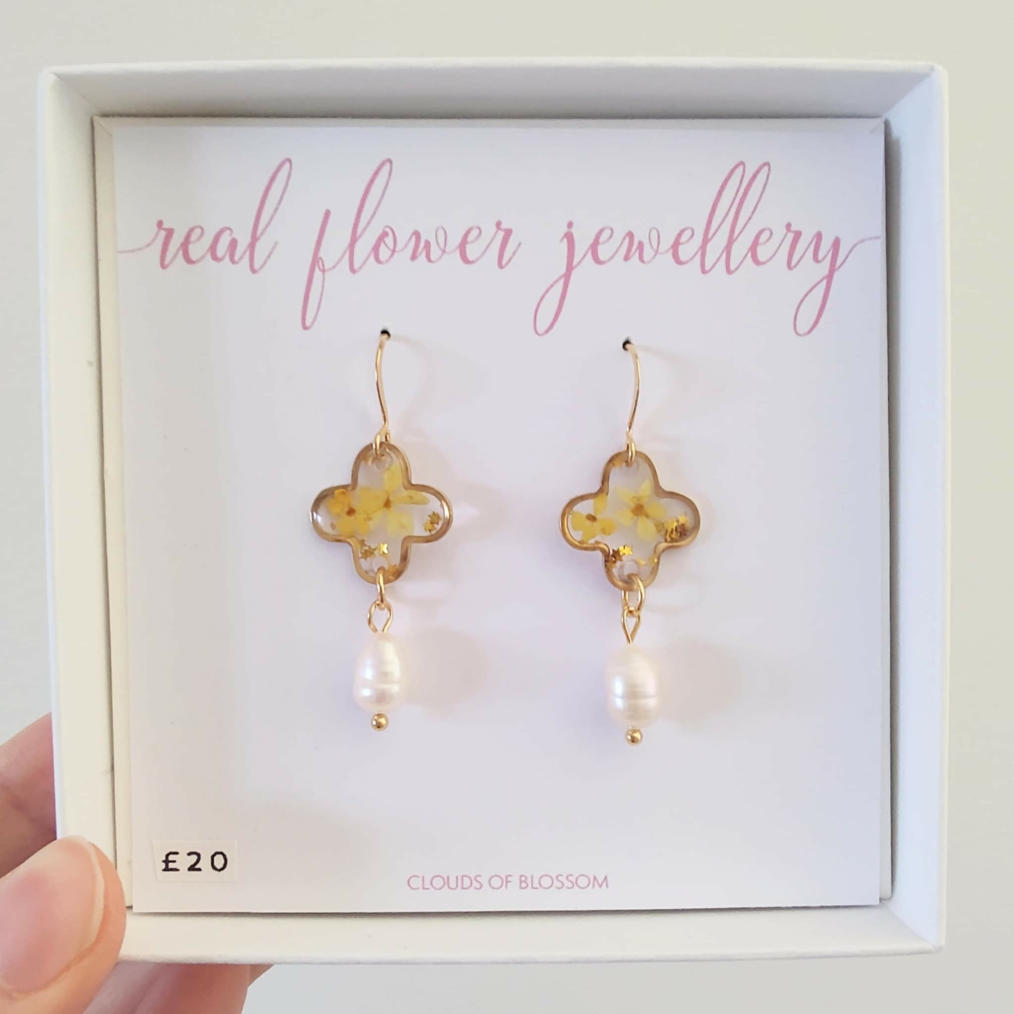 Real Flower Yellow Clover Freshwater Pearl Earrings Gold Plated