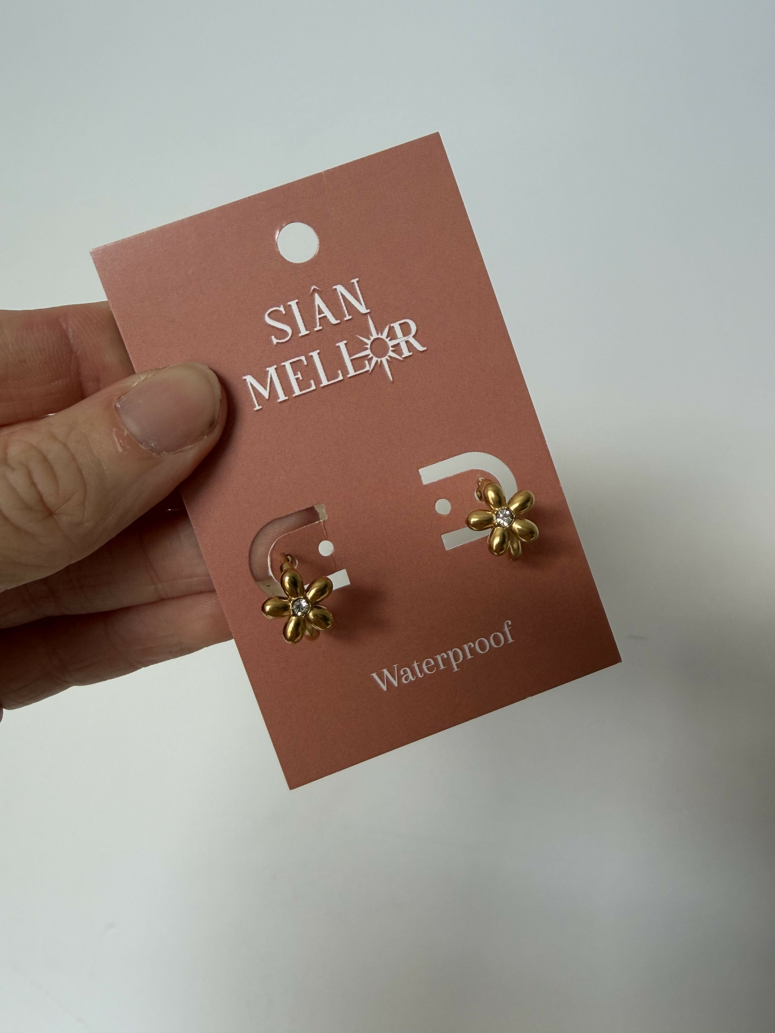 gold flower huggie hoops