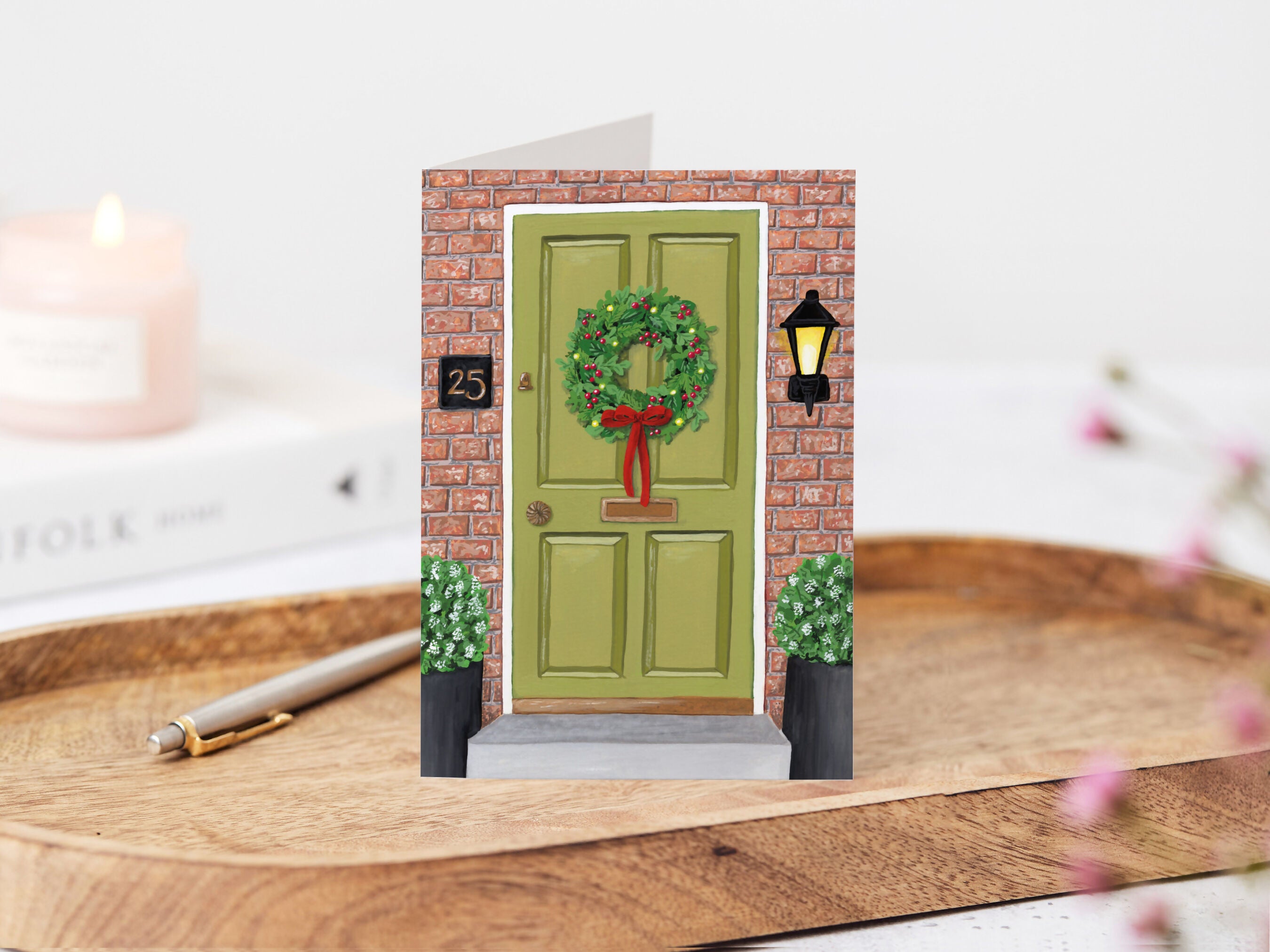Green Door and Wreath Christmas Card A6