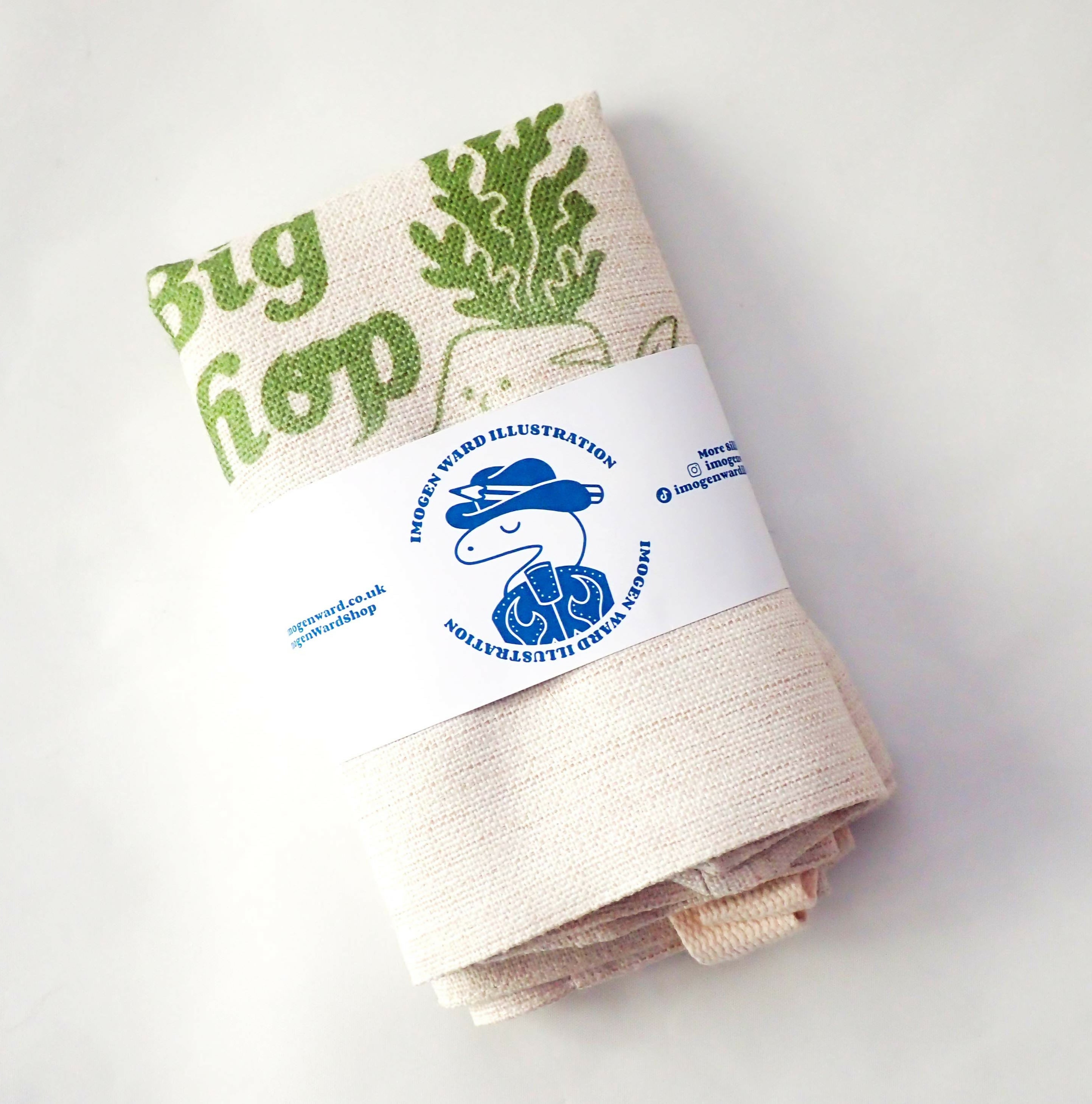 "I'm doing the big veg shop" Extra large, handprinted, illustrated canvas tote bag