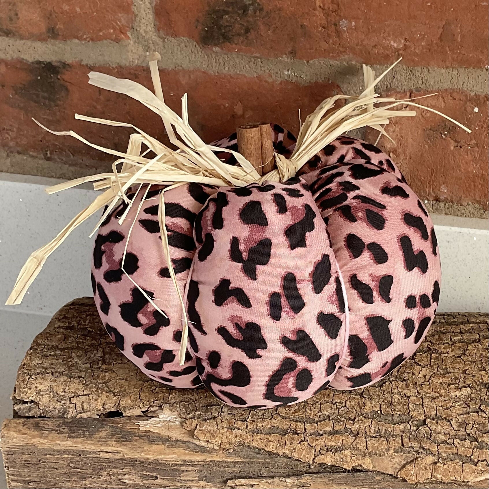 Pink Leopard Print Pumpkin Decoration, Handmade Halloween Ornament, Upcycled Animal Print Fabric