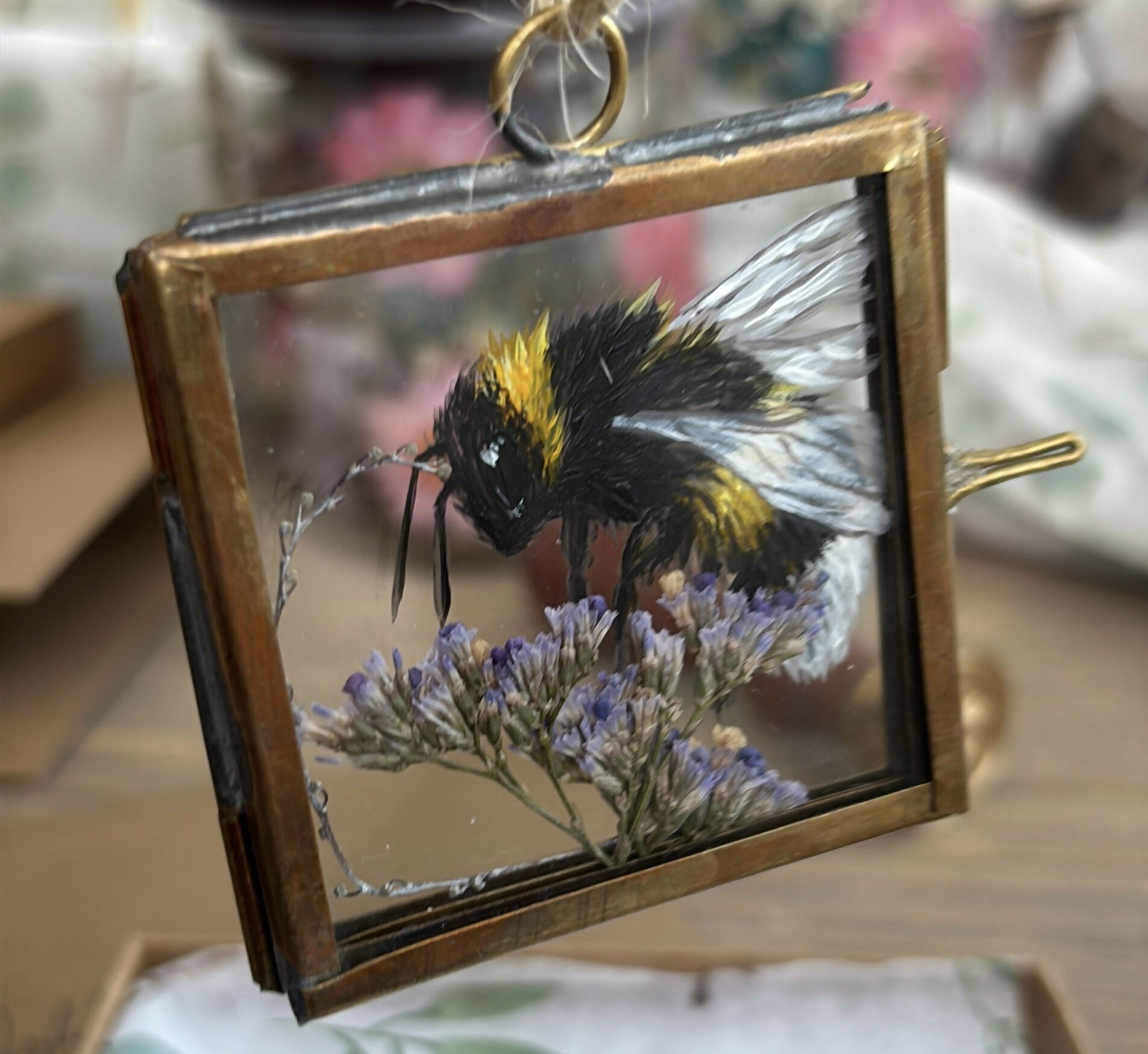 Original Bee Painting 'Lavender Light' Glass Hanging