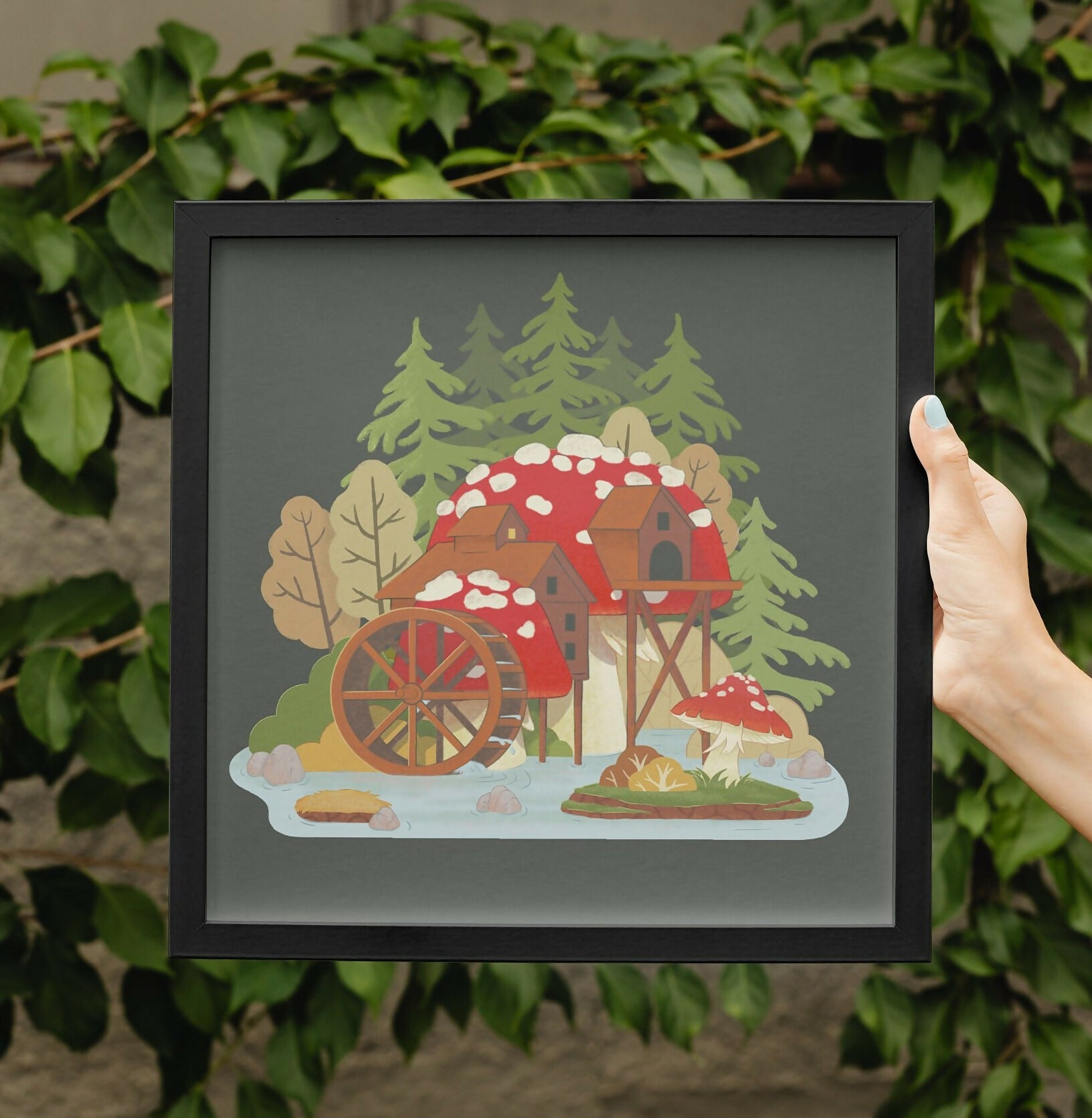 Square Illustrated Print - Fantasy Fly Agaric Mushroom Mill House