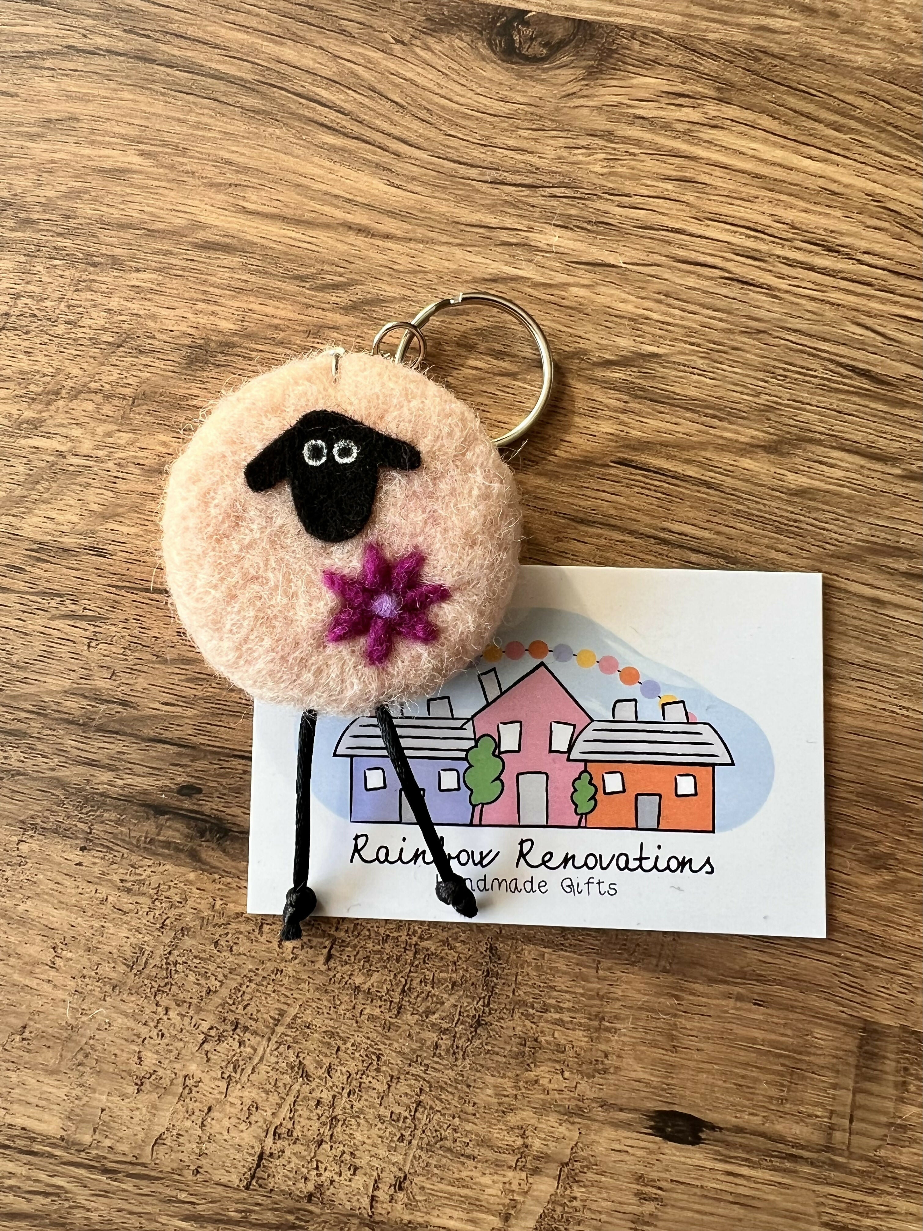 Felted Sheep with Flower Keyring