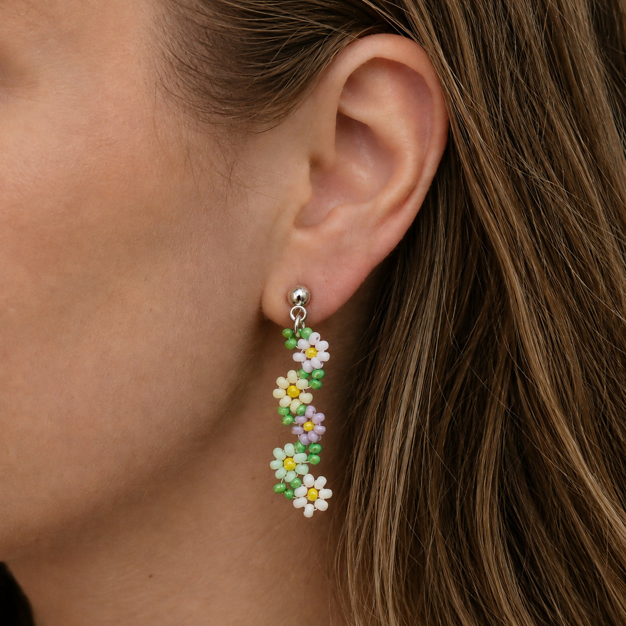 Handmade Beaded Dangle Earrings - Mediterranean Flowers, Colourful Festival Accessory