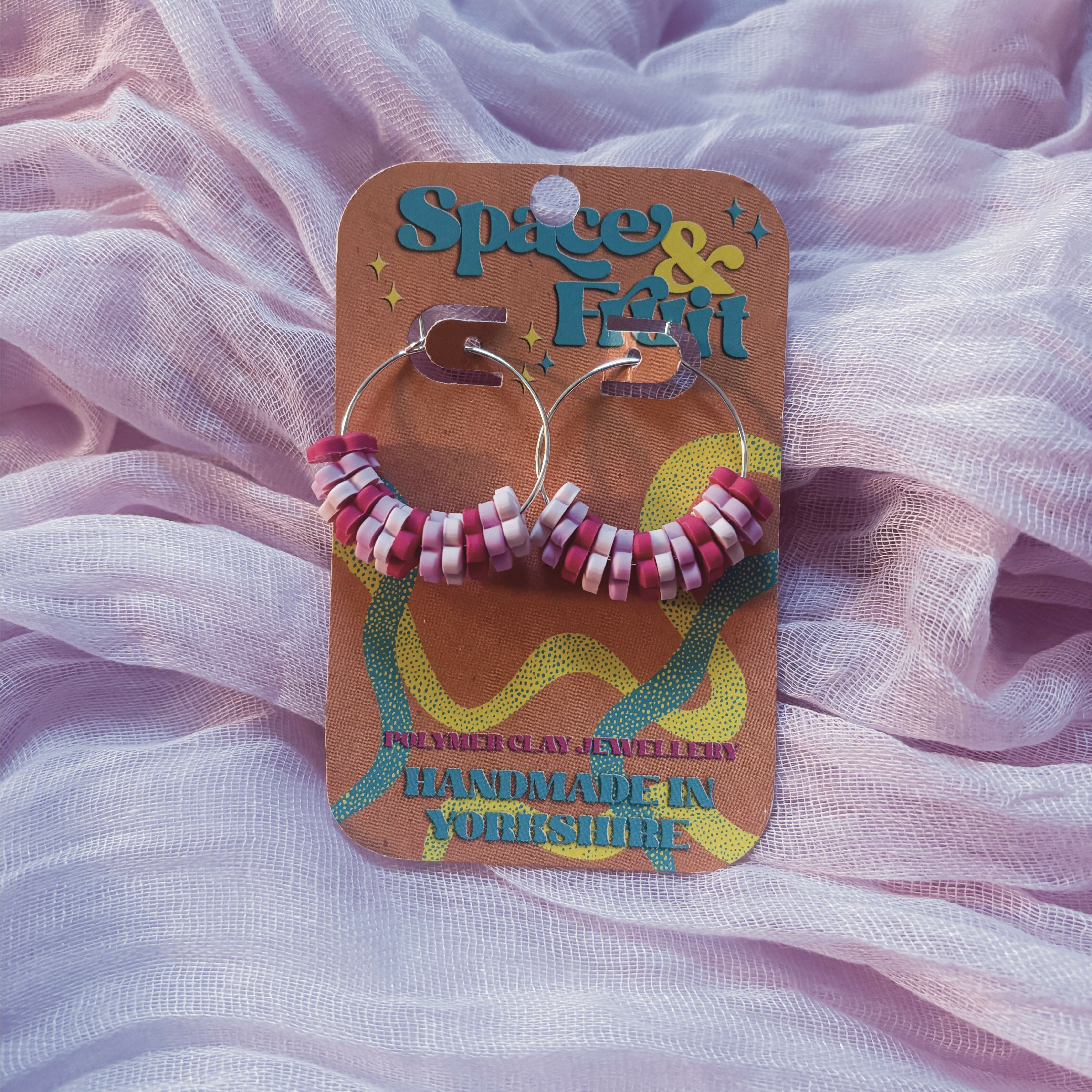 Pink Beaded Hoop Polymer Clay Earrings