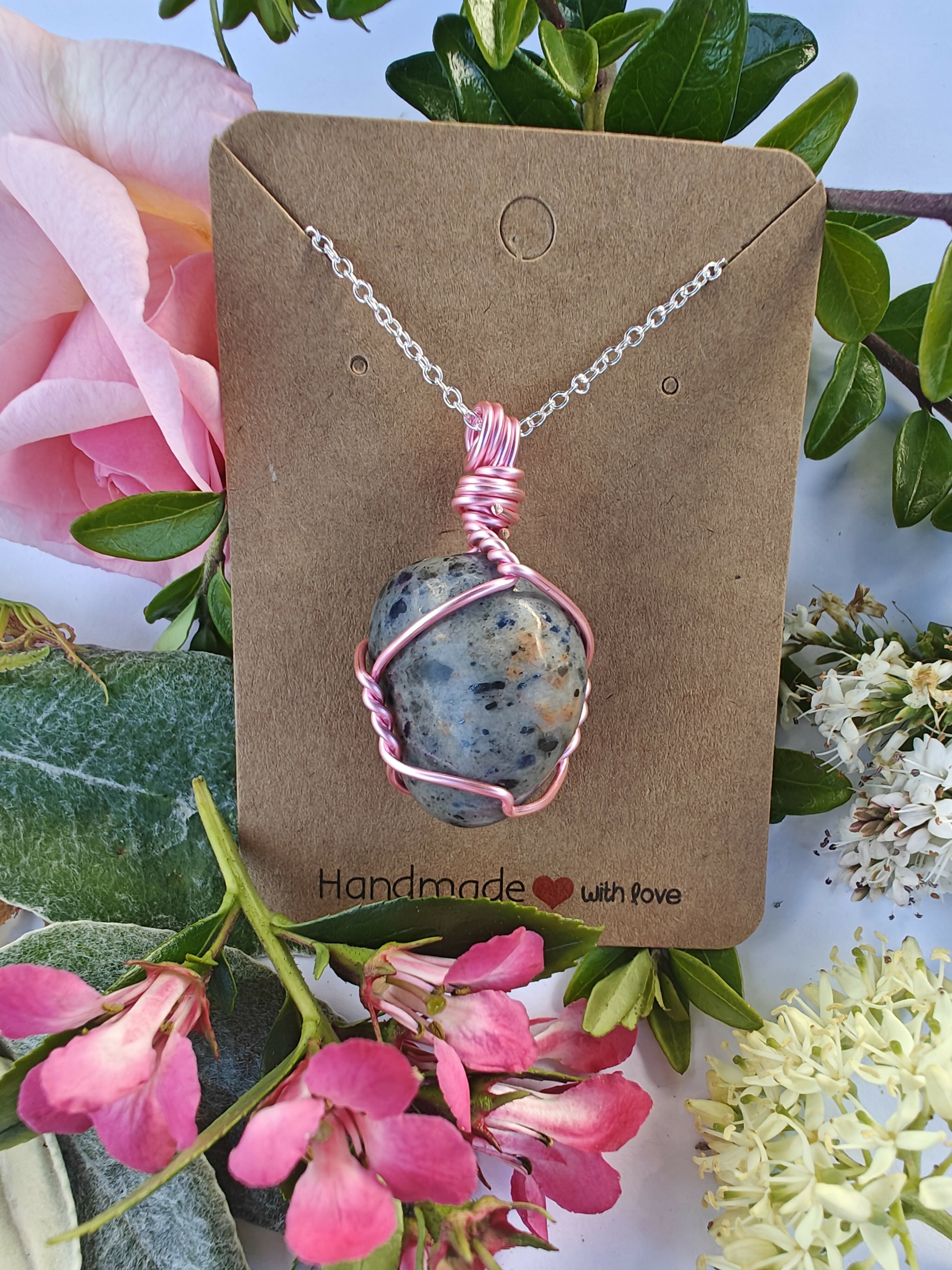 Sodalite Wire Wrapped Crystal Necklace on Sterling Silver Chain