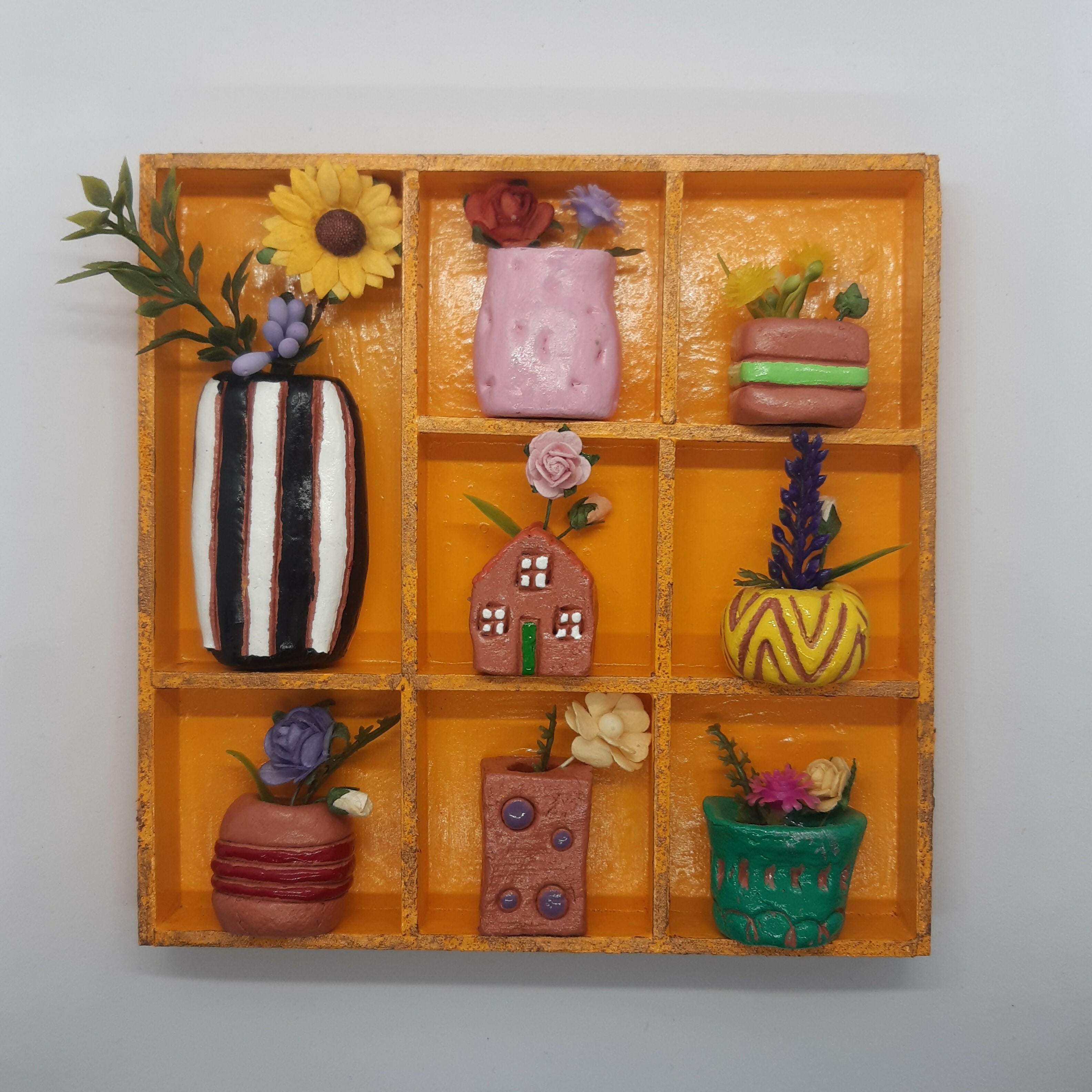 Clay Vase and Faux Flower Orange Painted Wooden Trinket Tray