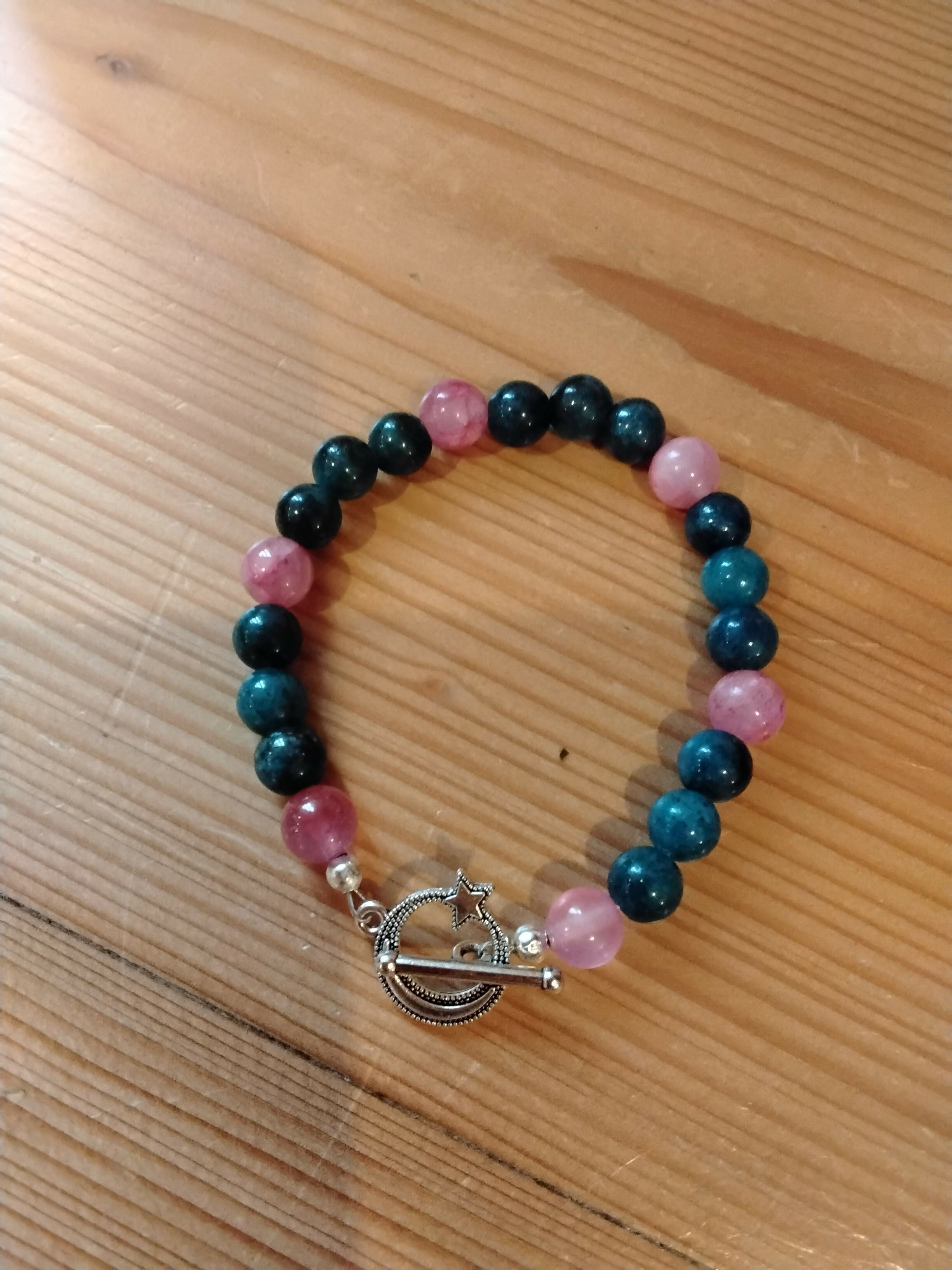Tibetan Silver Toggle Catch Bracelet with Strawberry Quartz and Blue Chalcedony.
