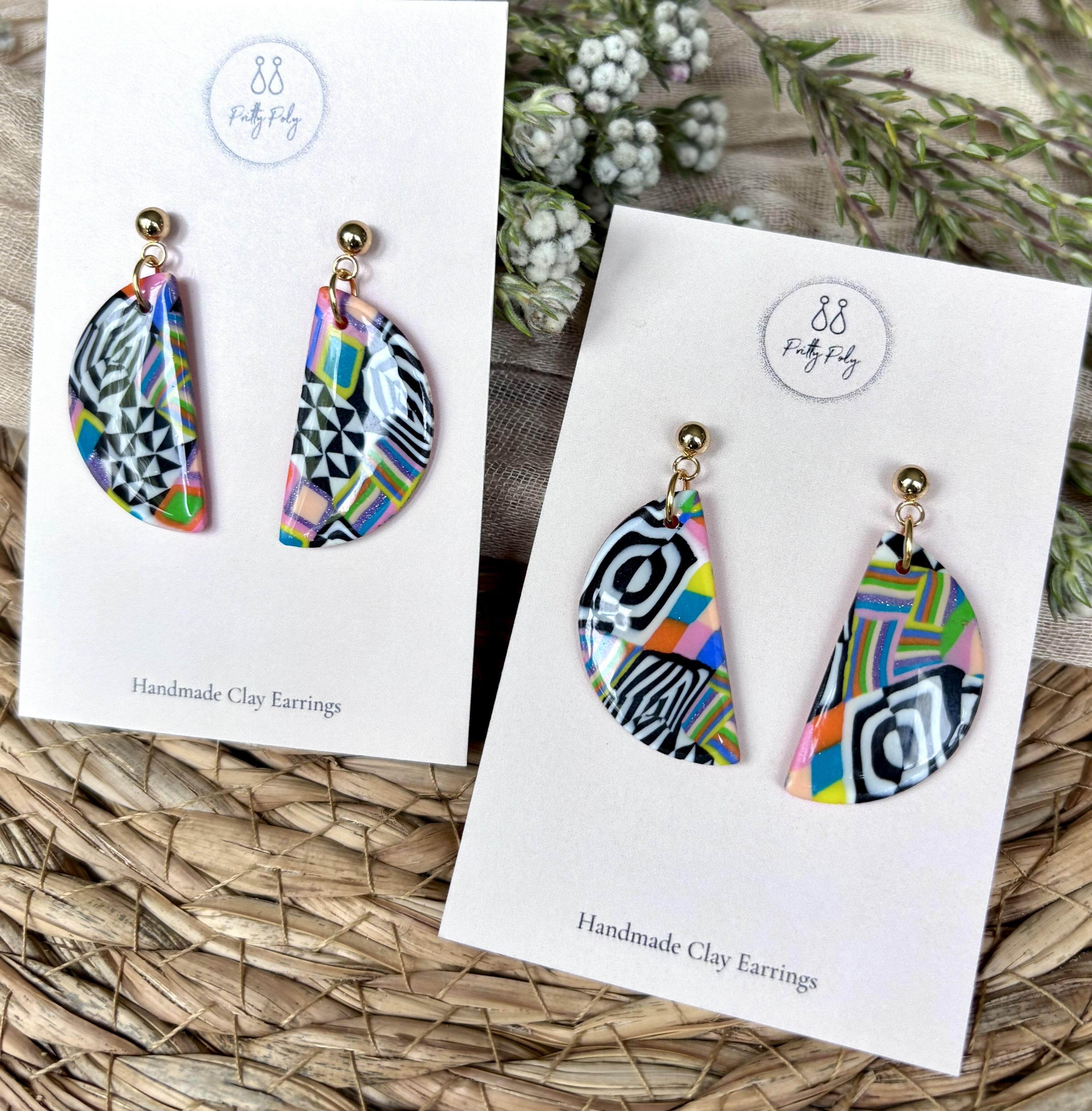 Funky Pattern Collection - Semi Circle Polymer Clay Earrings