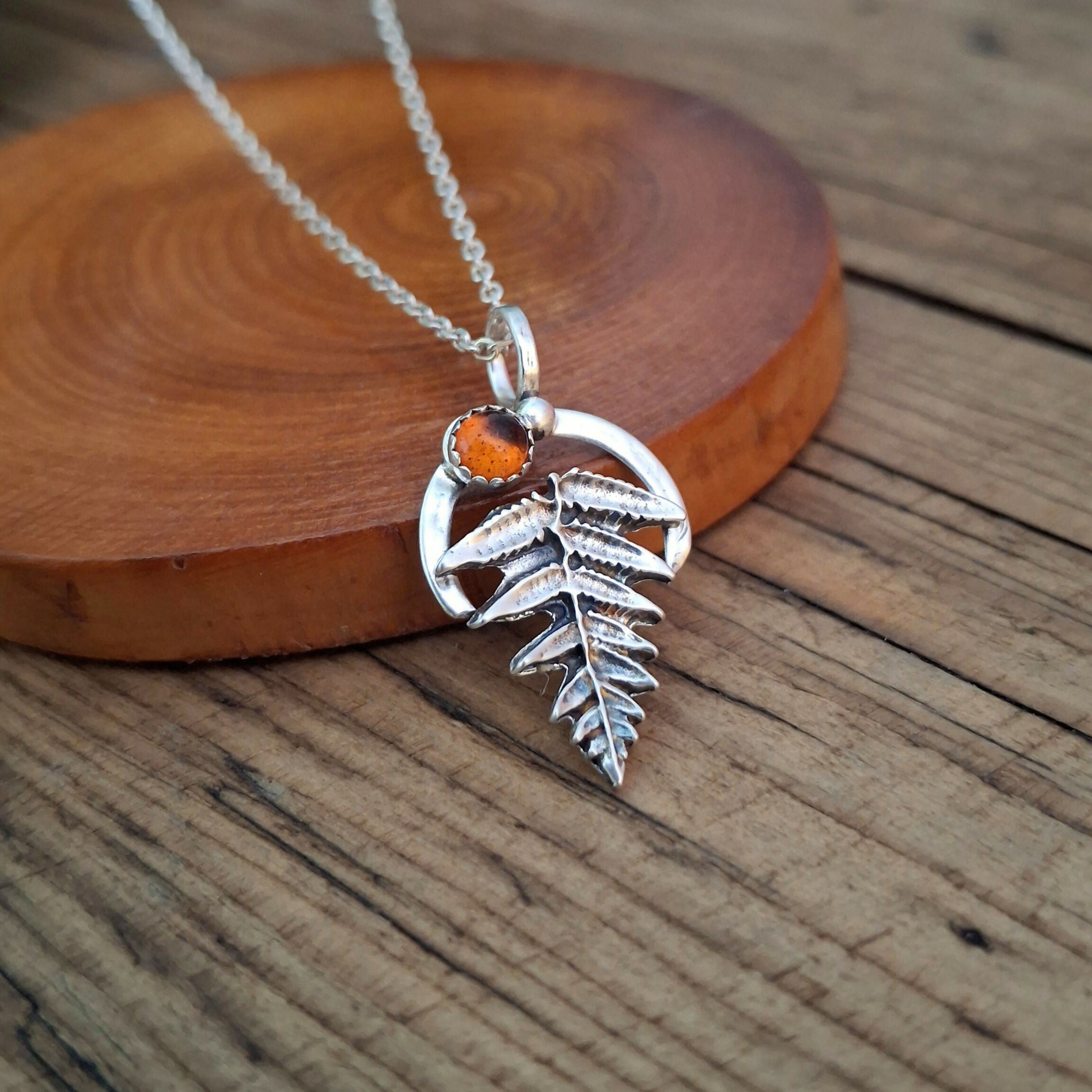 Handmade Silver Fern Leaf Necklace Amber