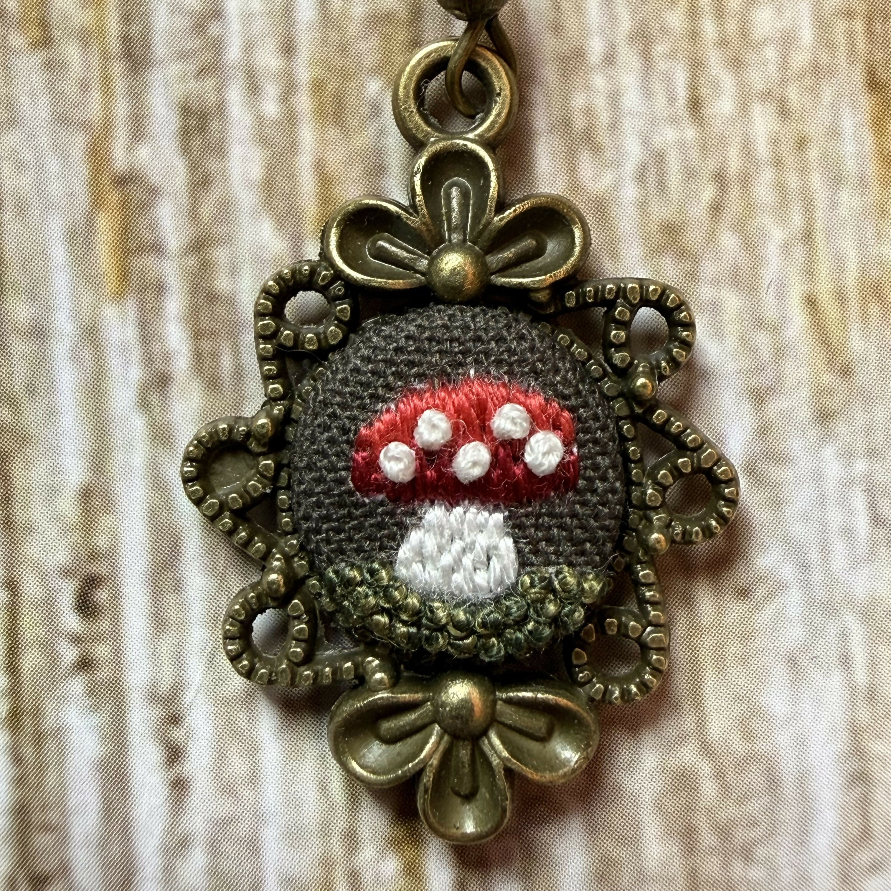 Hand Embroidered Vintage Style Mushroom Earrings