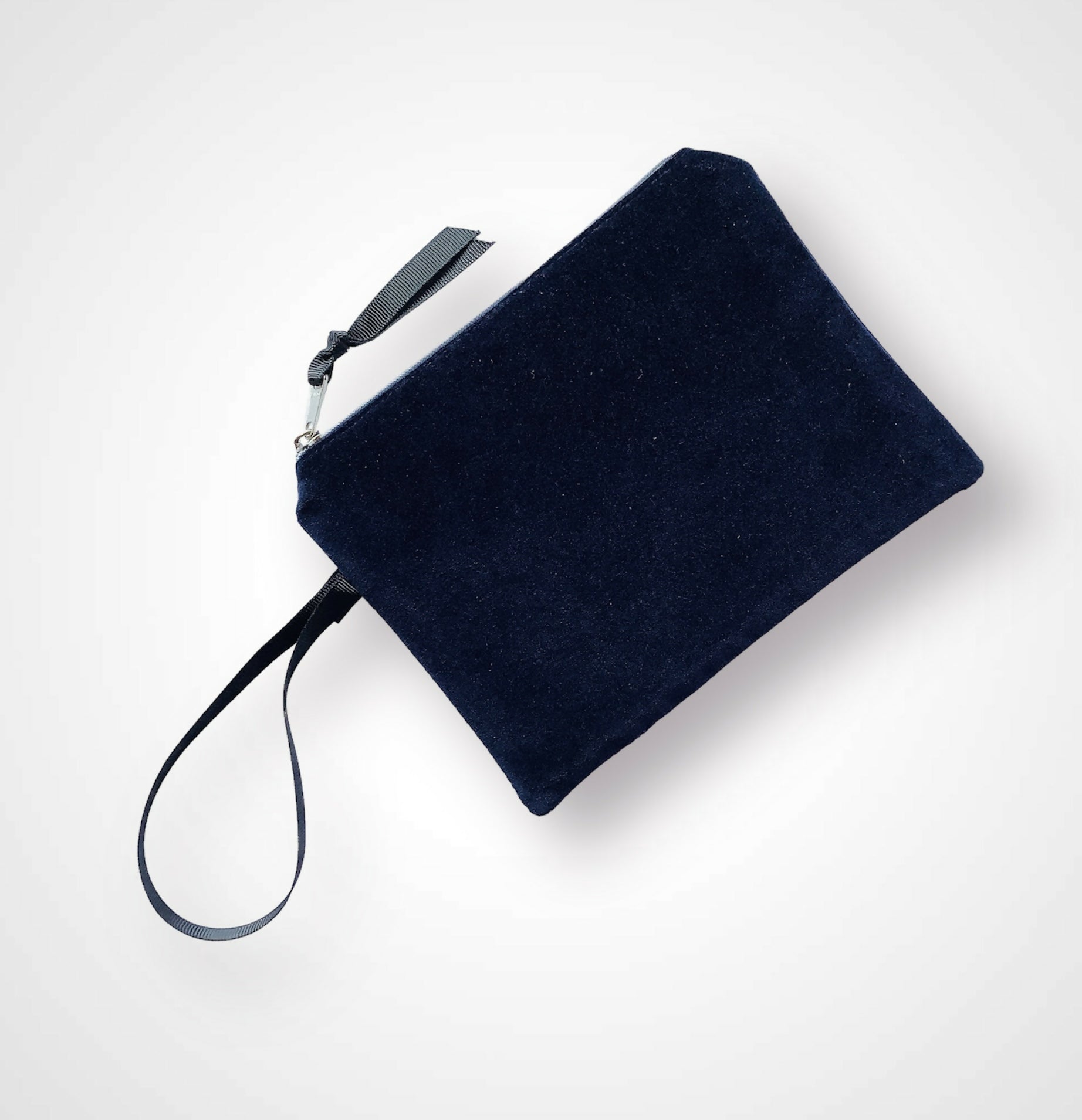 Navy Peacock Feathers Velvet Zip-Up Pouch with Wrist Strap