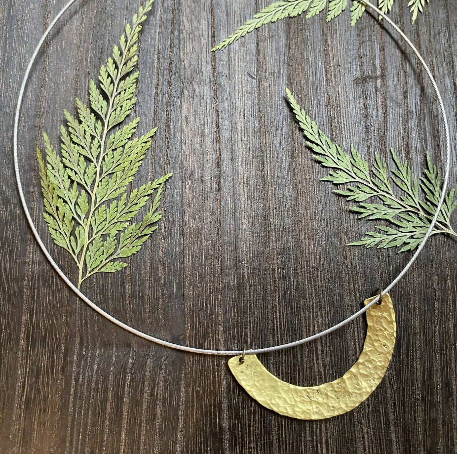 BRASS HAMMERED PENDANT ON STAINLESS STEEL CHOKER