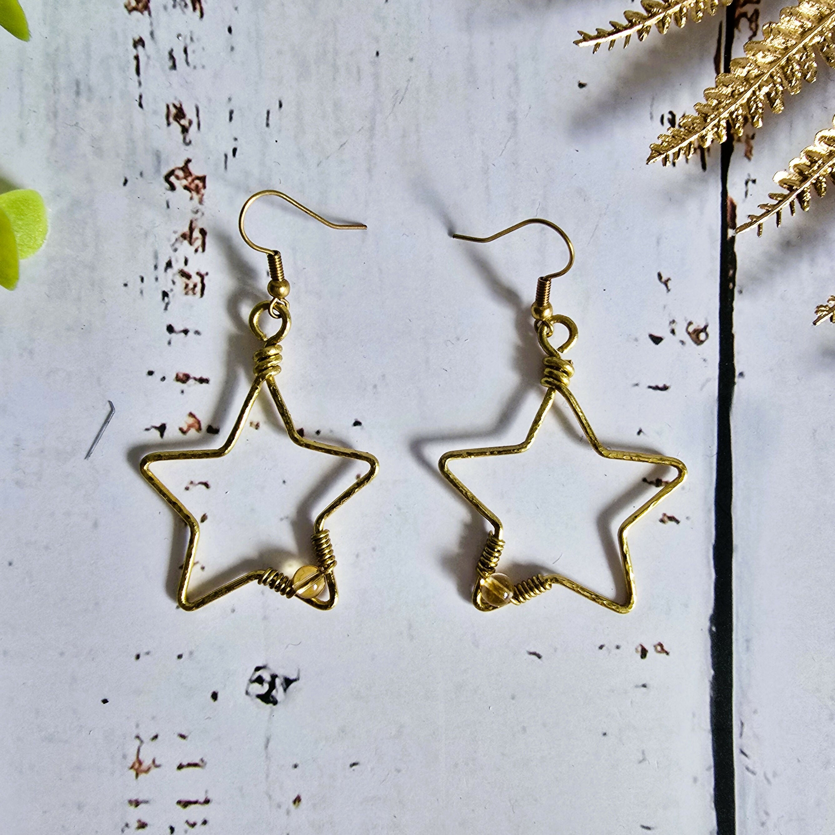 Citrine Star Gemstone Earrings; Delicate Gold Wire Bohemian Earrings With Crystal Sparkle