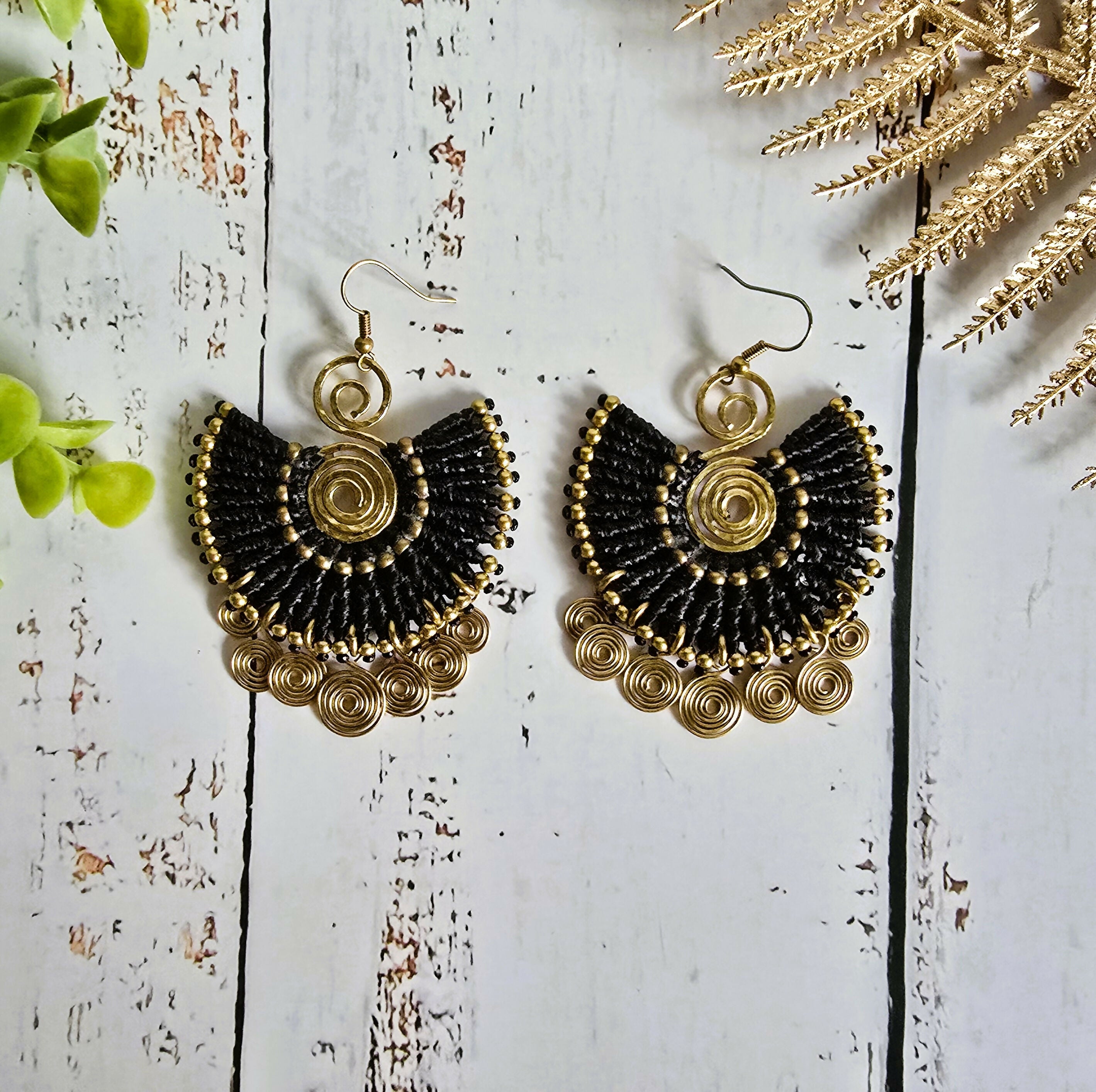 Egyptian Queen Earrings; Large Statement Black Macrame Gold Spirals Earrings