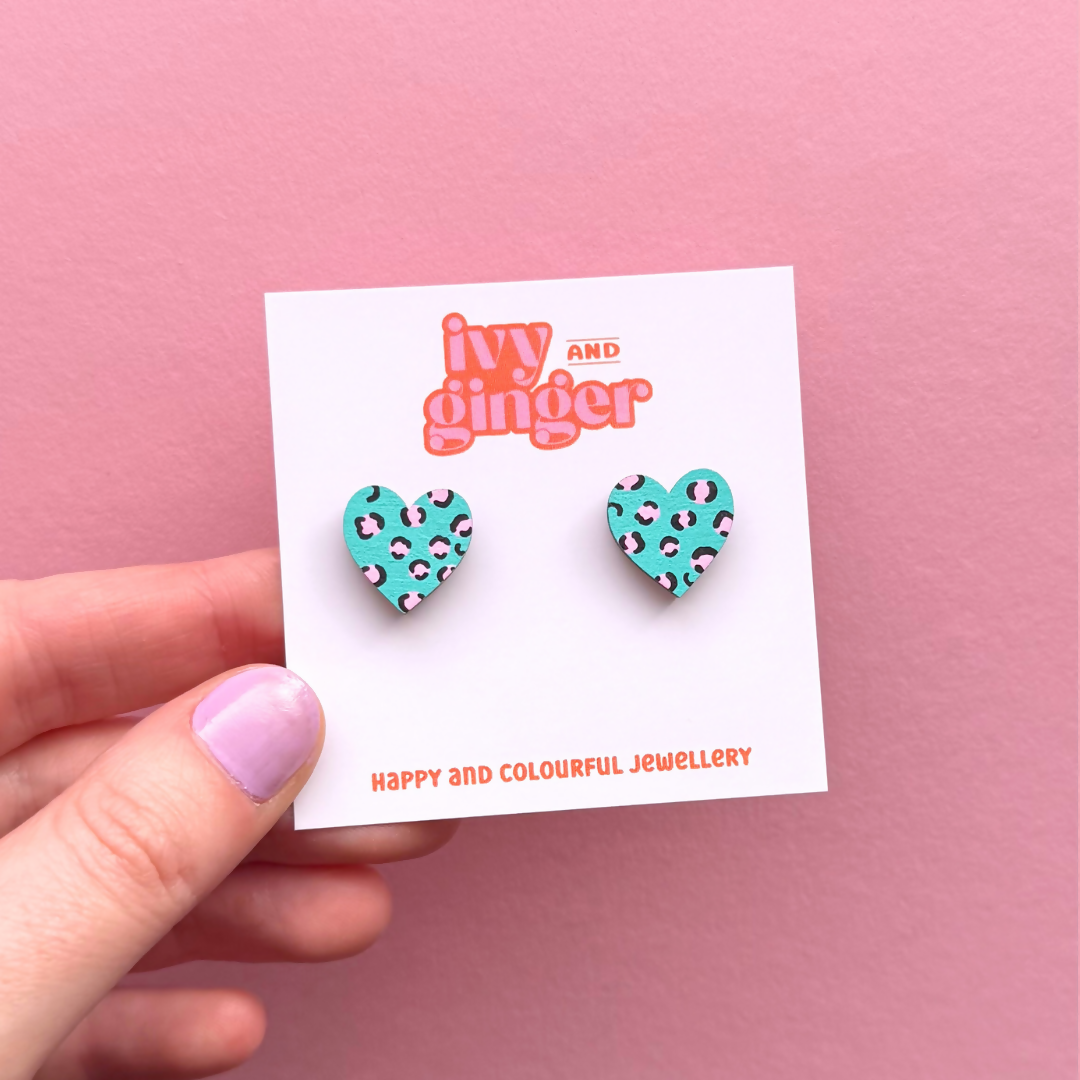 Hand Painted Midi Leopard Print Heart Stud Earrings in Green and Pink