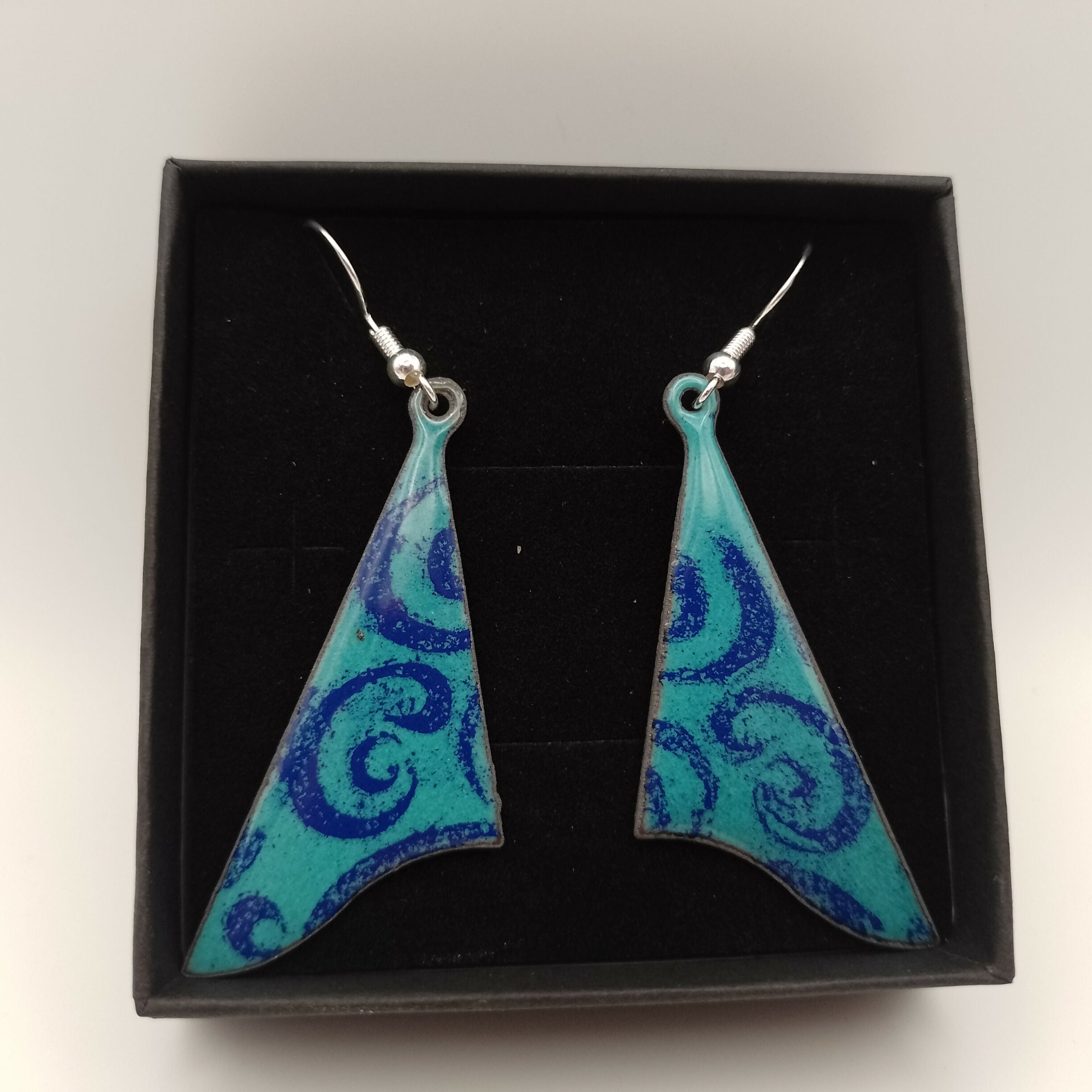 Triangular Light Blue Enamel Earrings with Blue Swirl