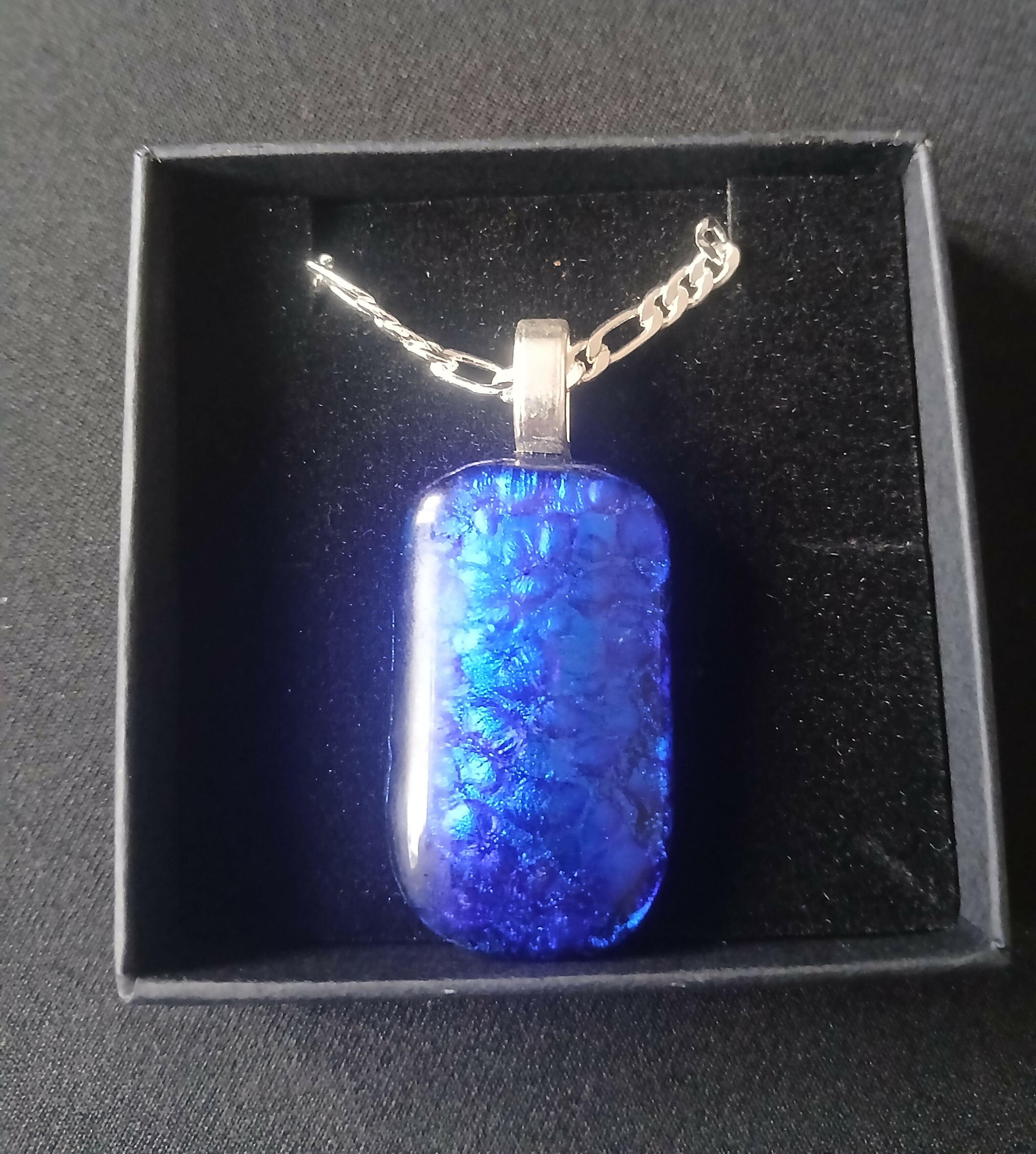 Fused Dichroic Glass Rectangular Pendant With a Chain Necklace (Blue)