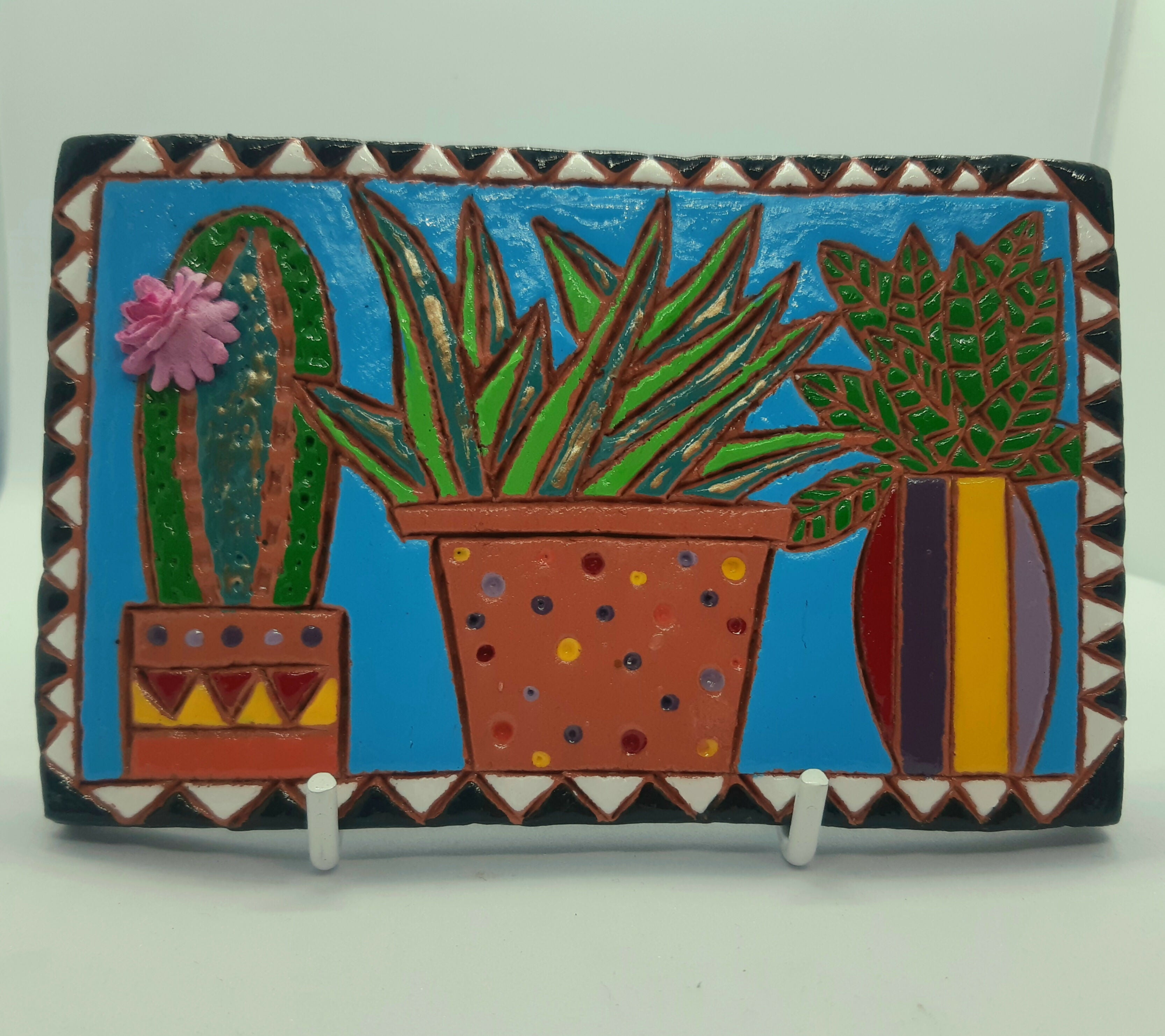 Clay Cactus, Succulent and Plant Colourful Tile