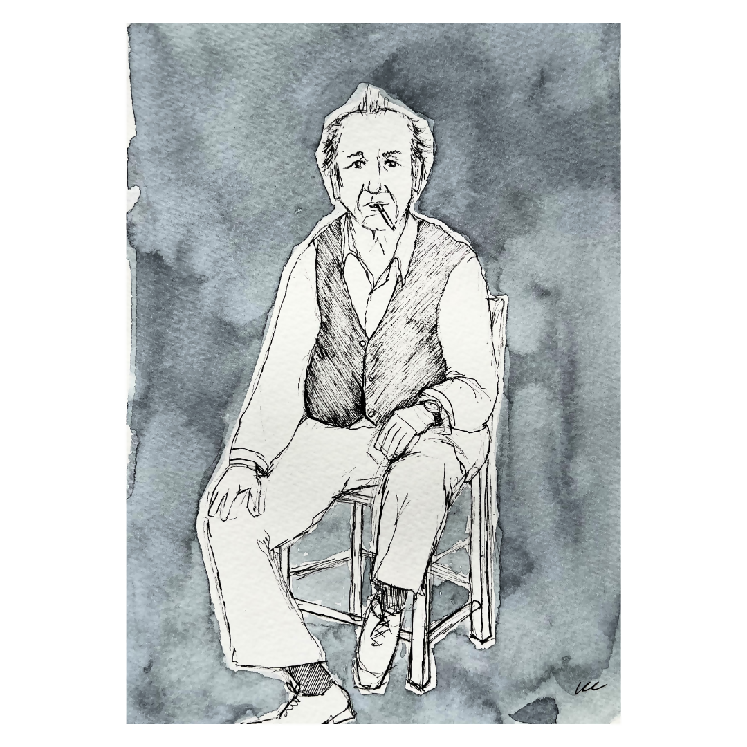 Smoking Grandad Art Print | Monochrome Watercolour Portrait Print