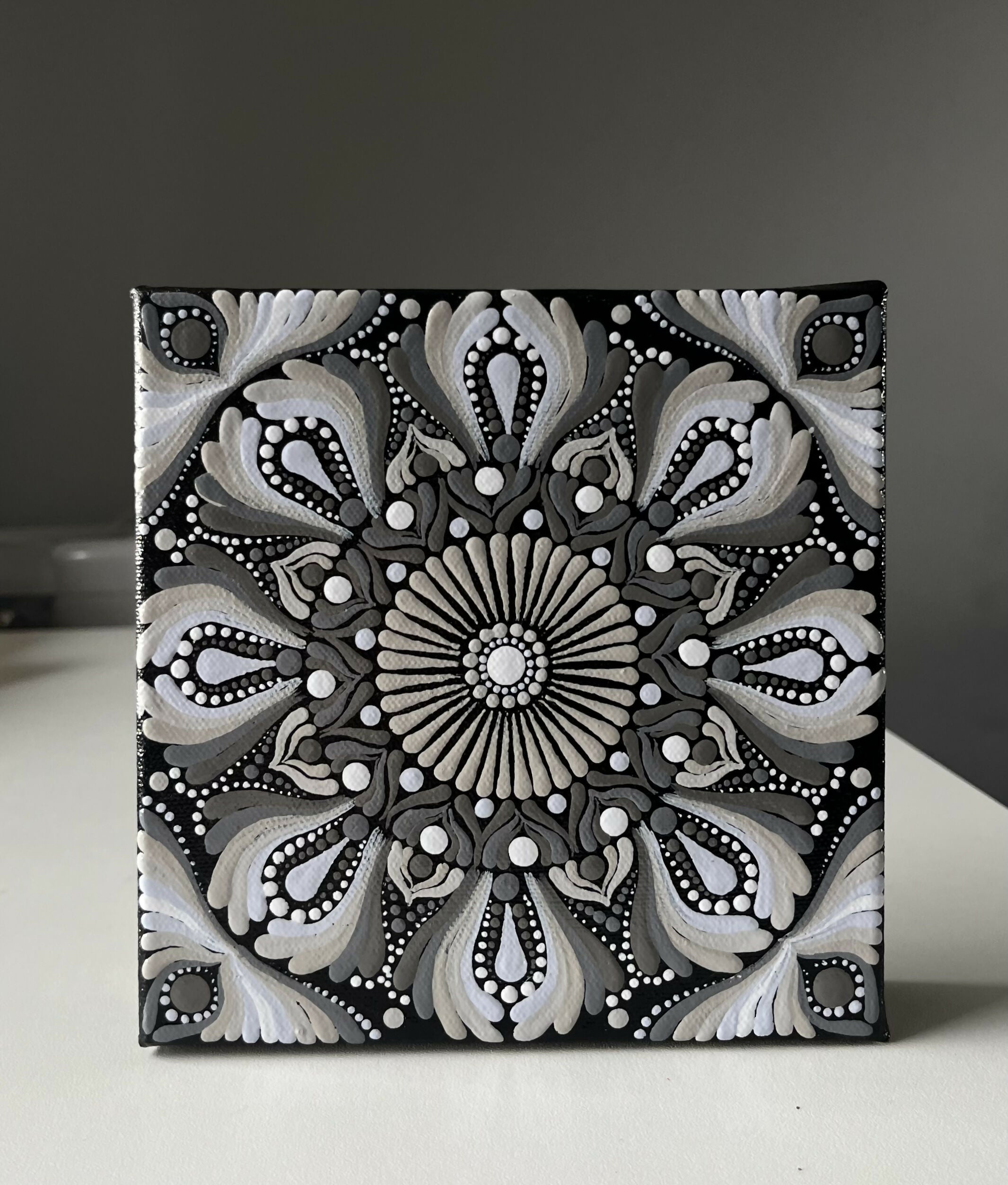 Dot Mandala Painting on Square Boxed Canvas - Black