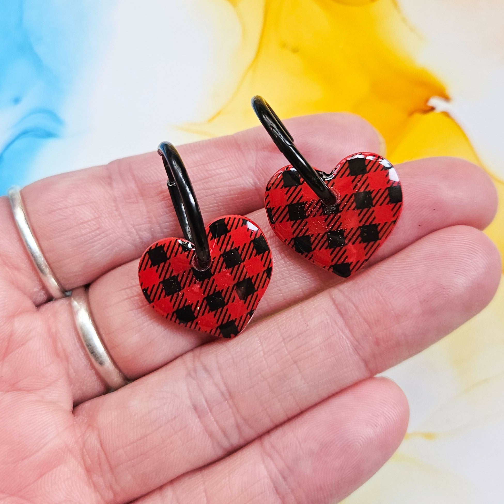Handmade Red Tartan Or White Black Checked Heart Resin Charms On Black Hoops