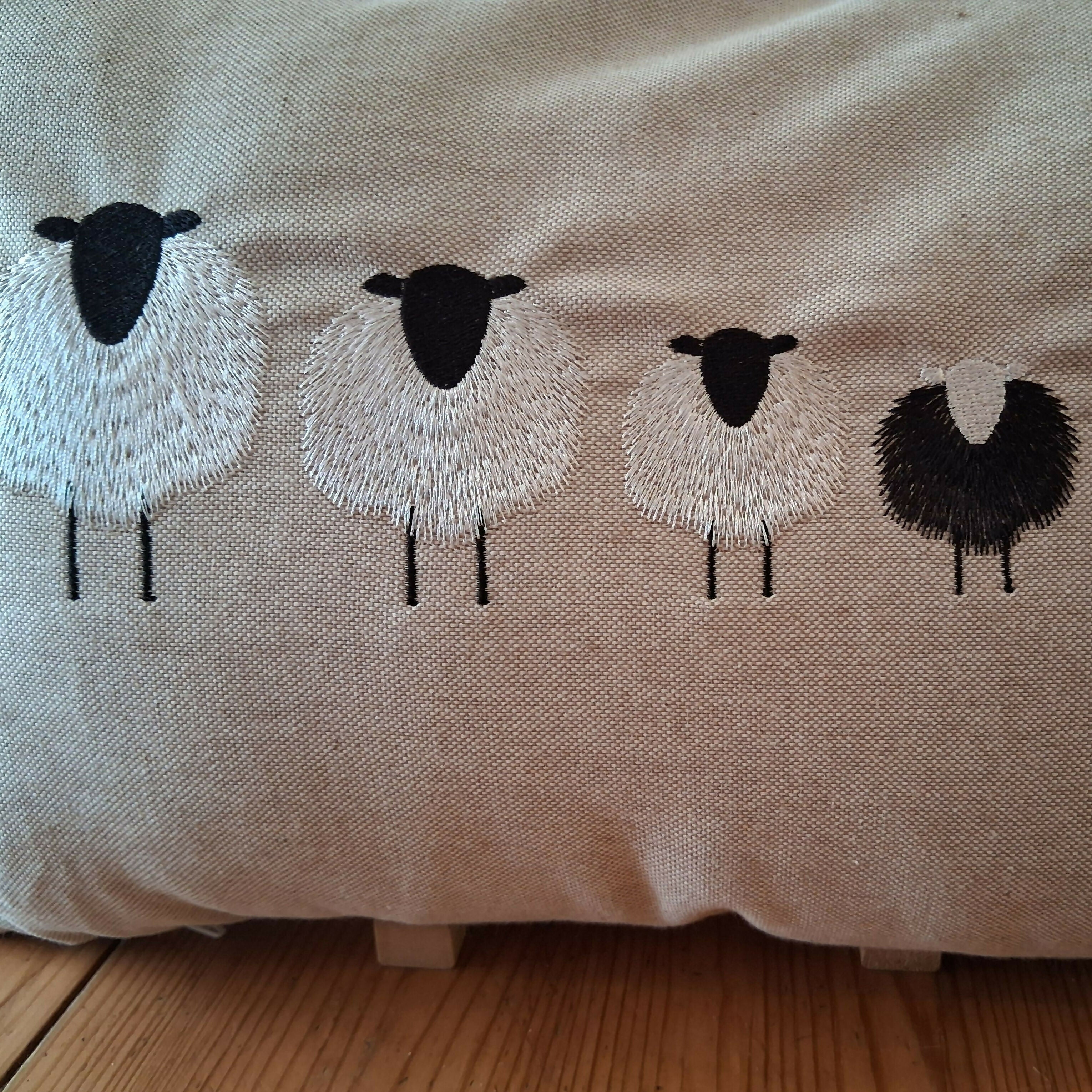 Sheep Family Natural Linen Look Bolster Cushion - Handmade and Embroidered