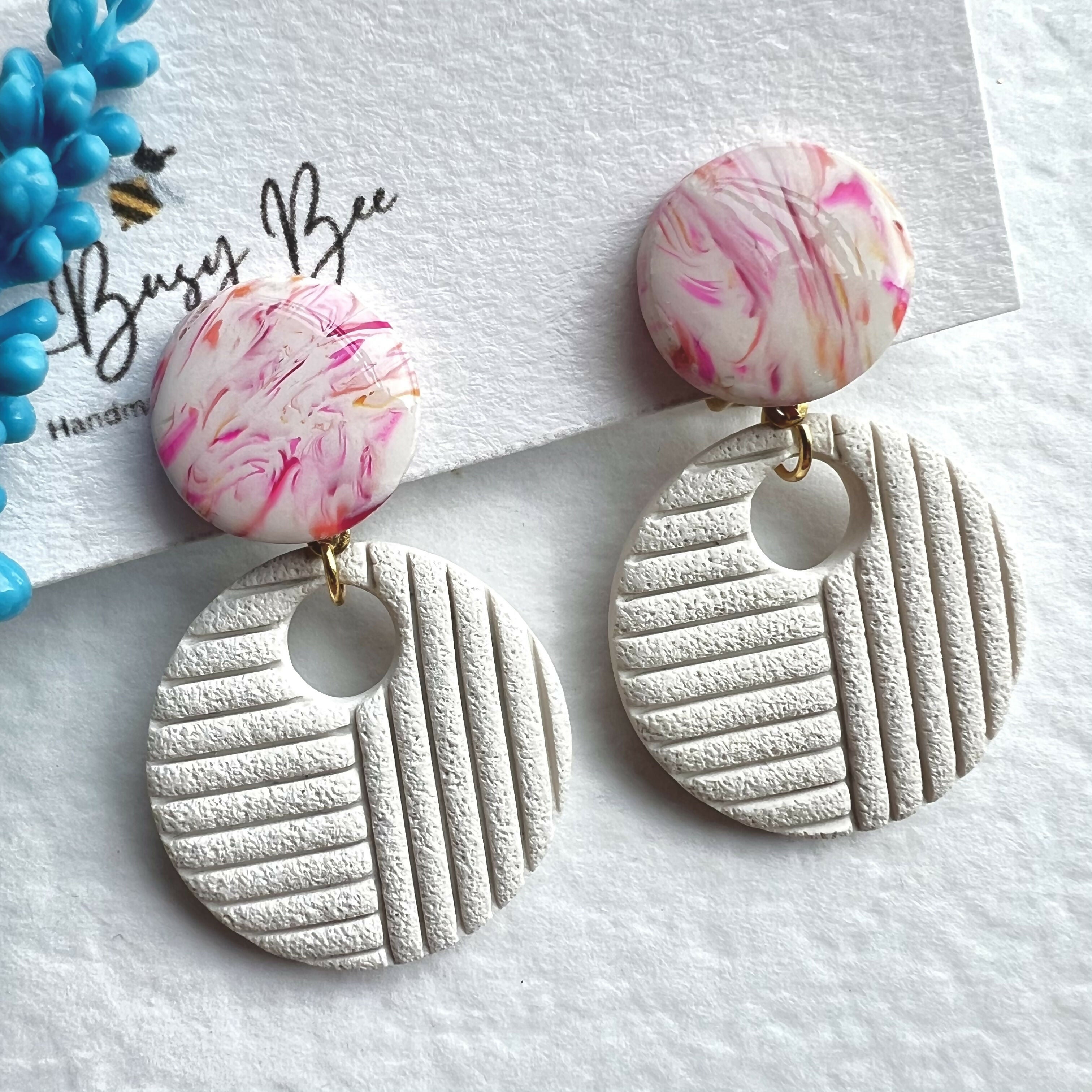 Dainty Clip On Dangle Earrings / Boho Polymer Clay Earrings for Non Pierced Ears