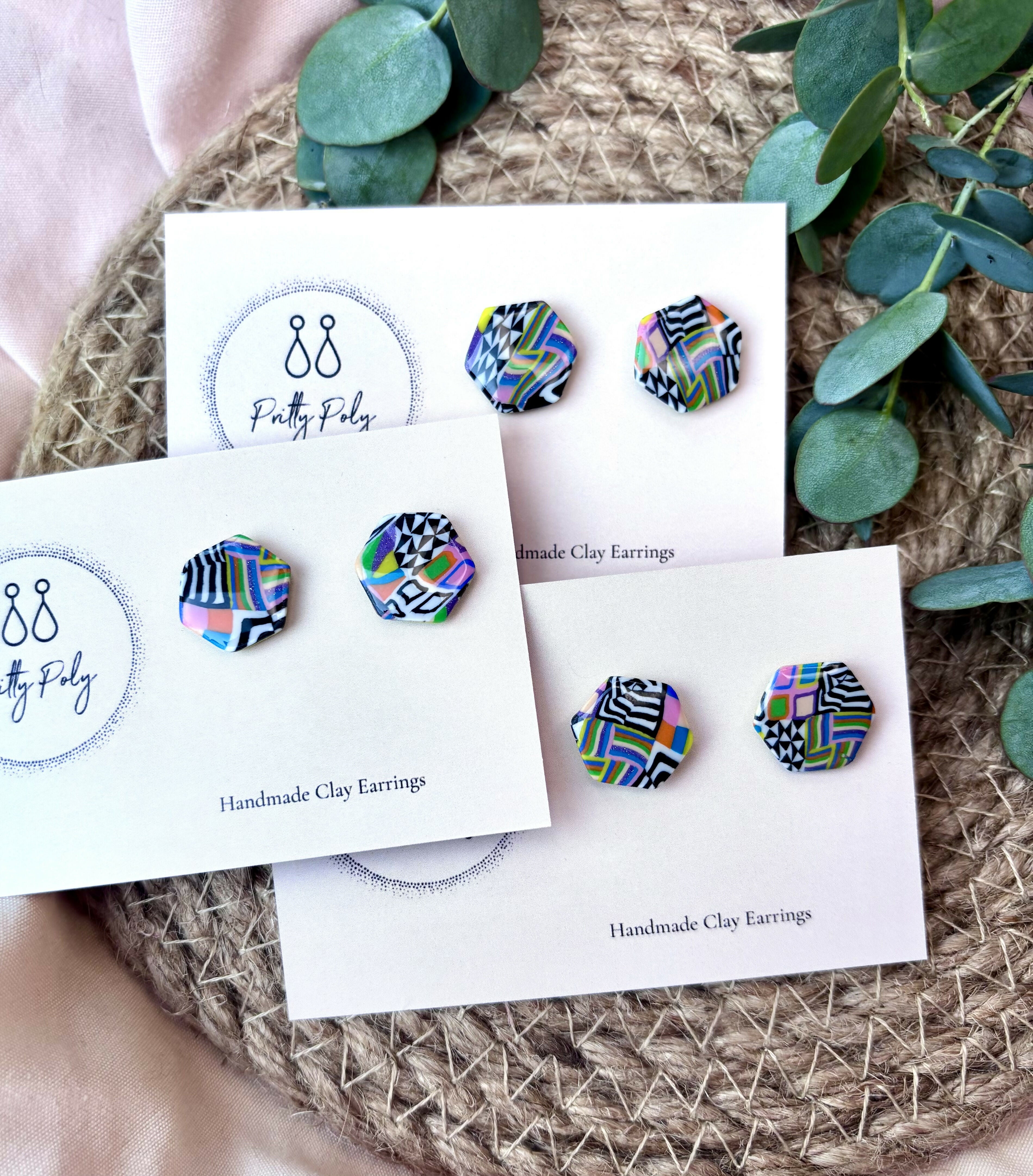 Colour, Black and Pattern Hexagon Polymer Clay Studs