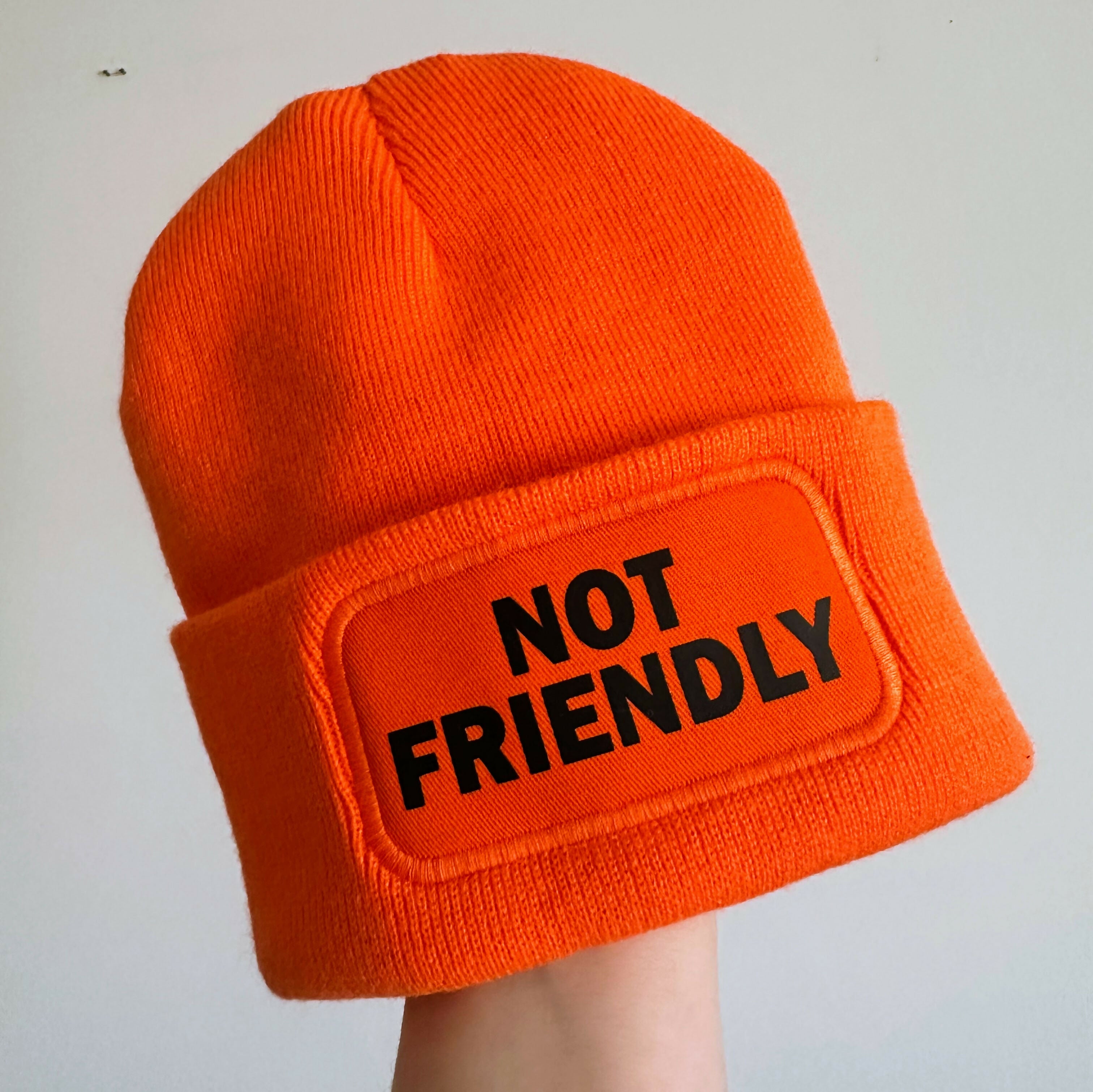 Not Friendly Cuffed Rectangular Patch Beanie Hat
