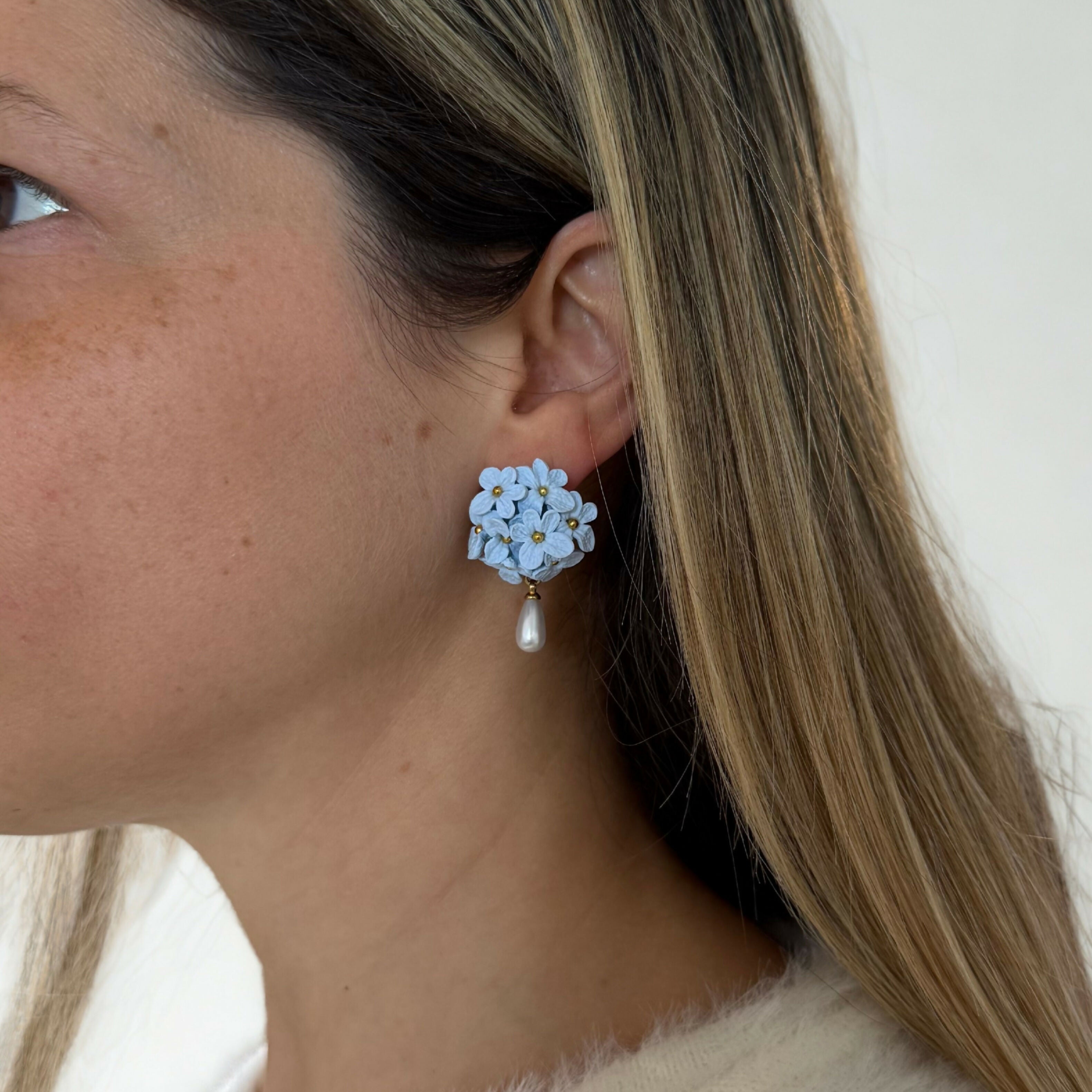 Blue Flower Cluster Drop Earrings with Pearl Detail and Gold Centre