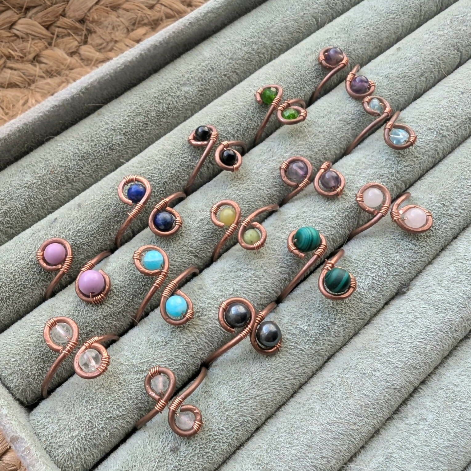 Wire Wrapped Copper Adjustable Rings With Crystals