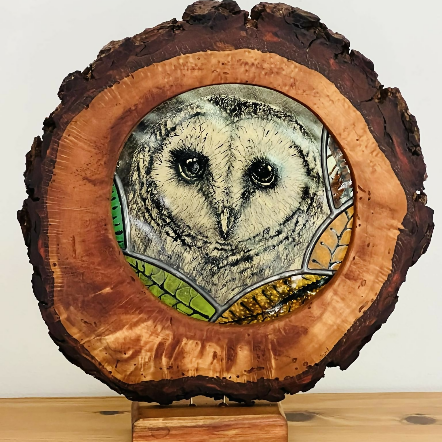 Hand Painted Stained Glass Forest Creatures in Wood Log