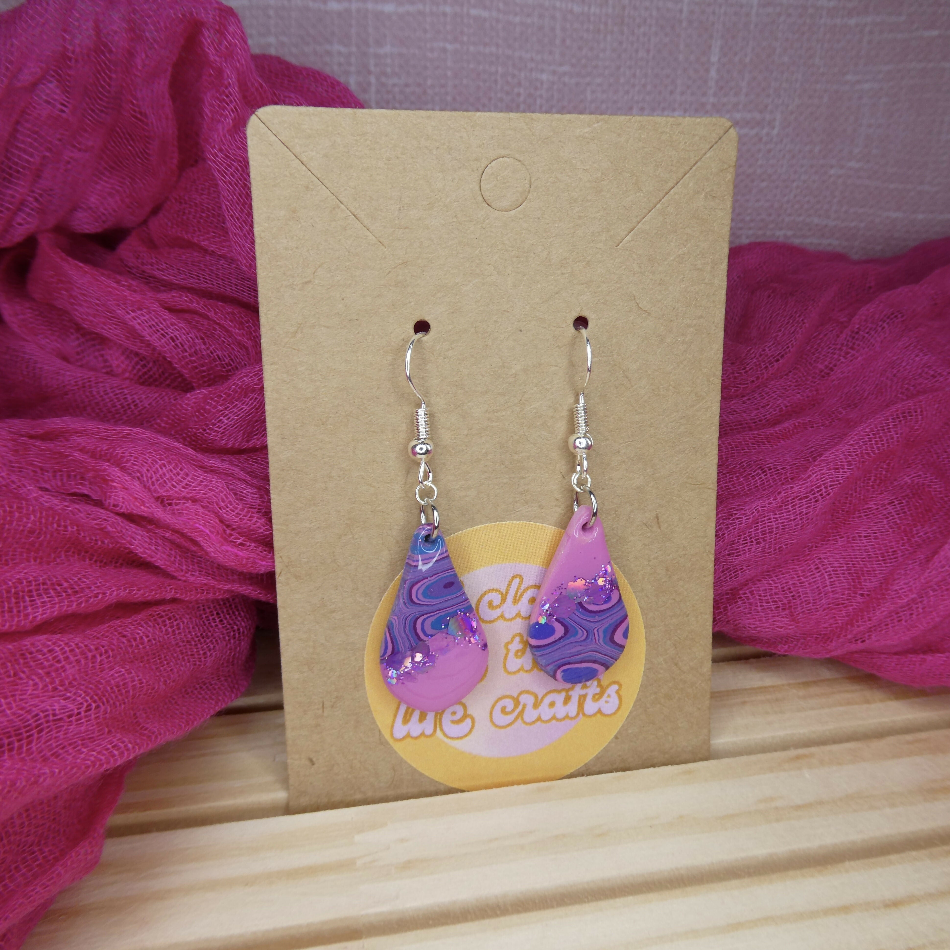 Pink And Purple Geometric Dangle Teardrop Polymer Clay Earrings