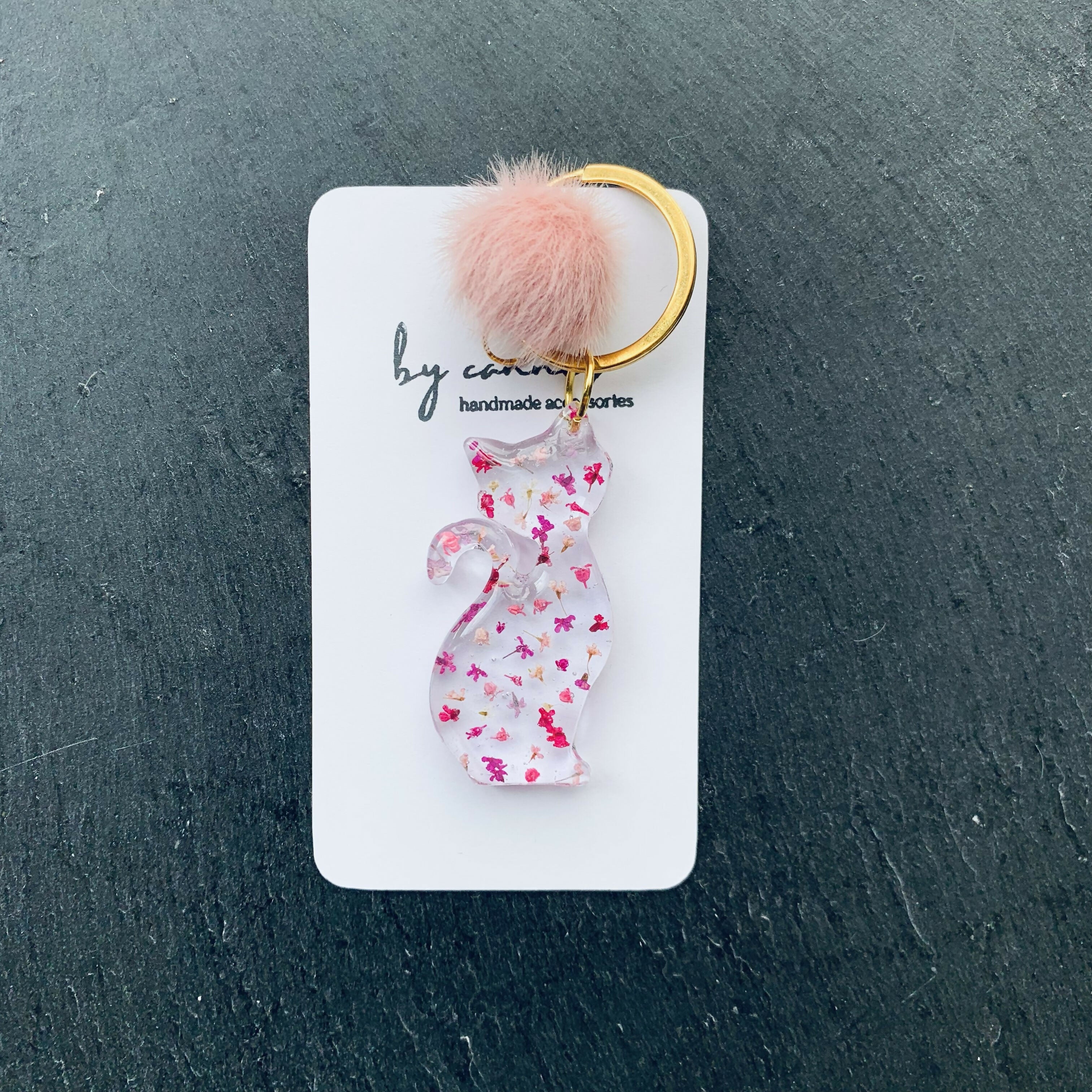 Handcrafted Real Pressed Floral Resin Cat Keyring with Fluffy Pom-Pom Accent