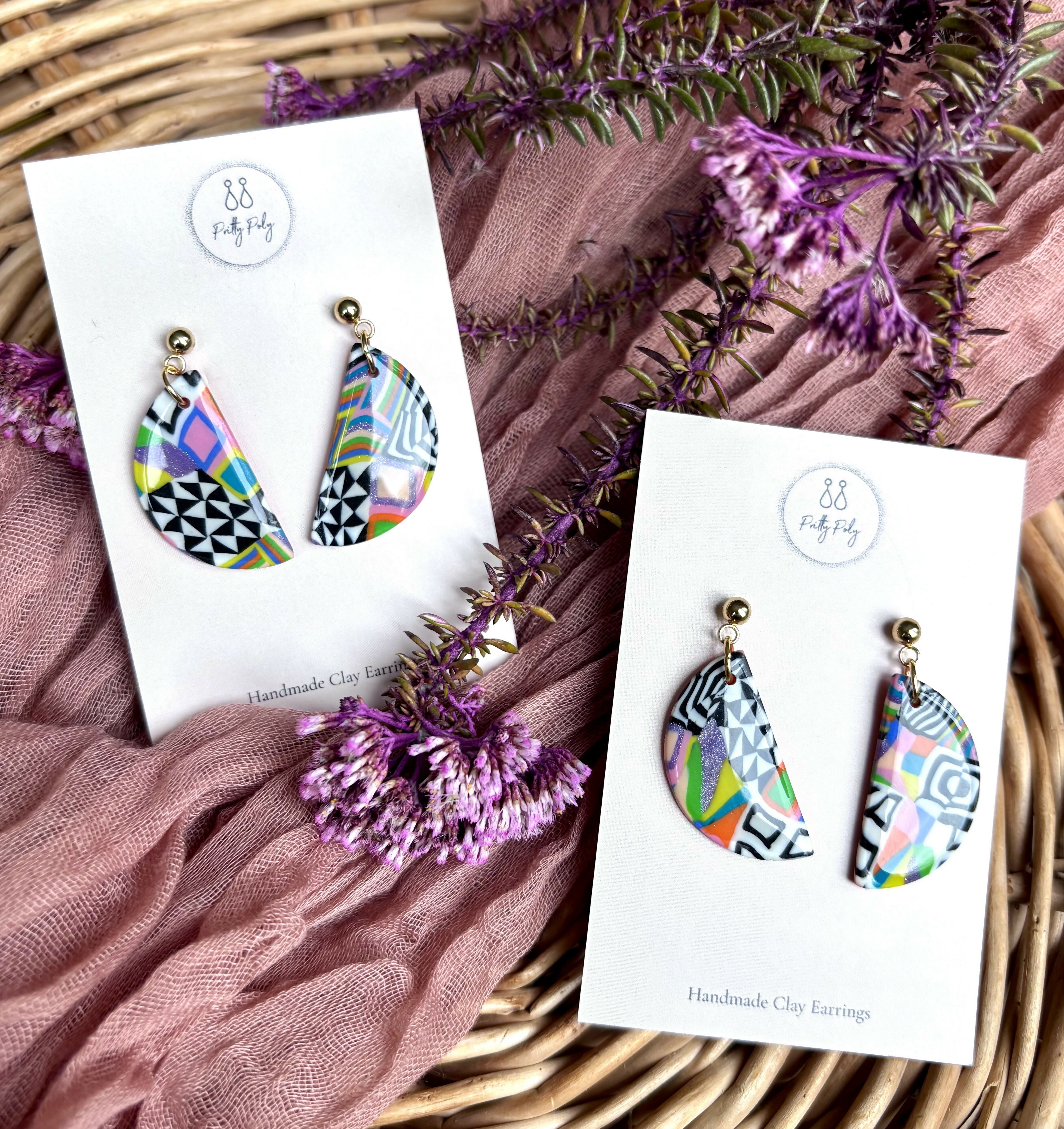 Funky Pattern Collection - Semi Circle Polymer Clay Earrings
