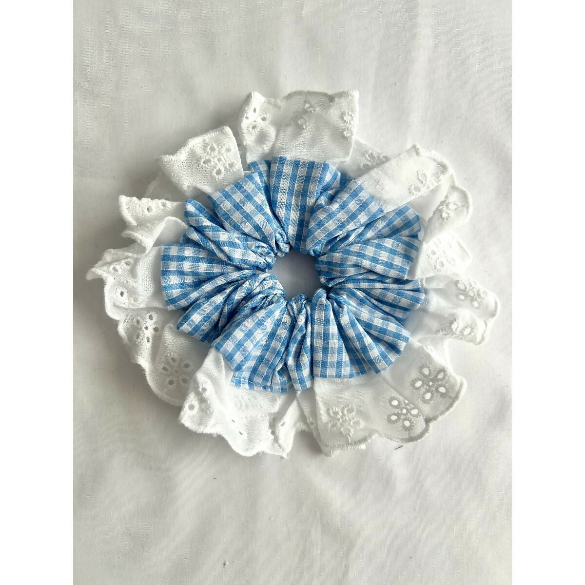 Blue Gingham Oversized Ruffle Broderie Lace Hair Scrunchie