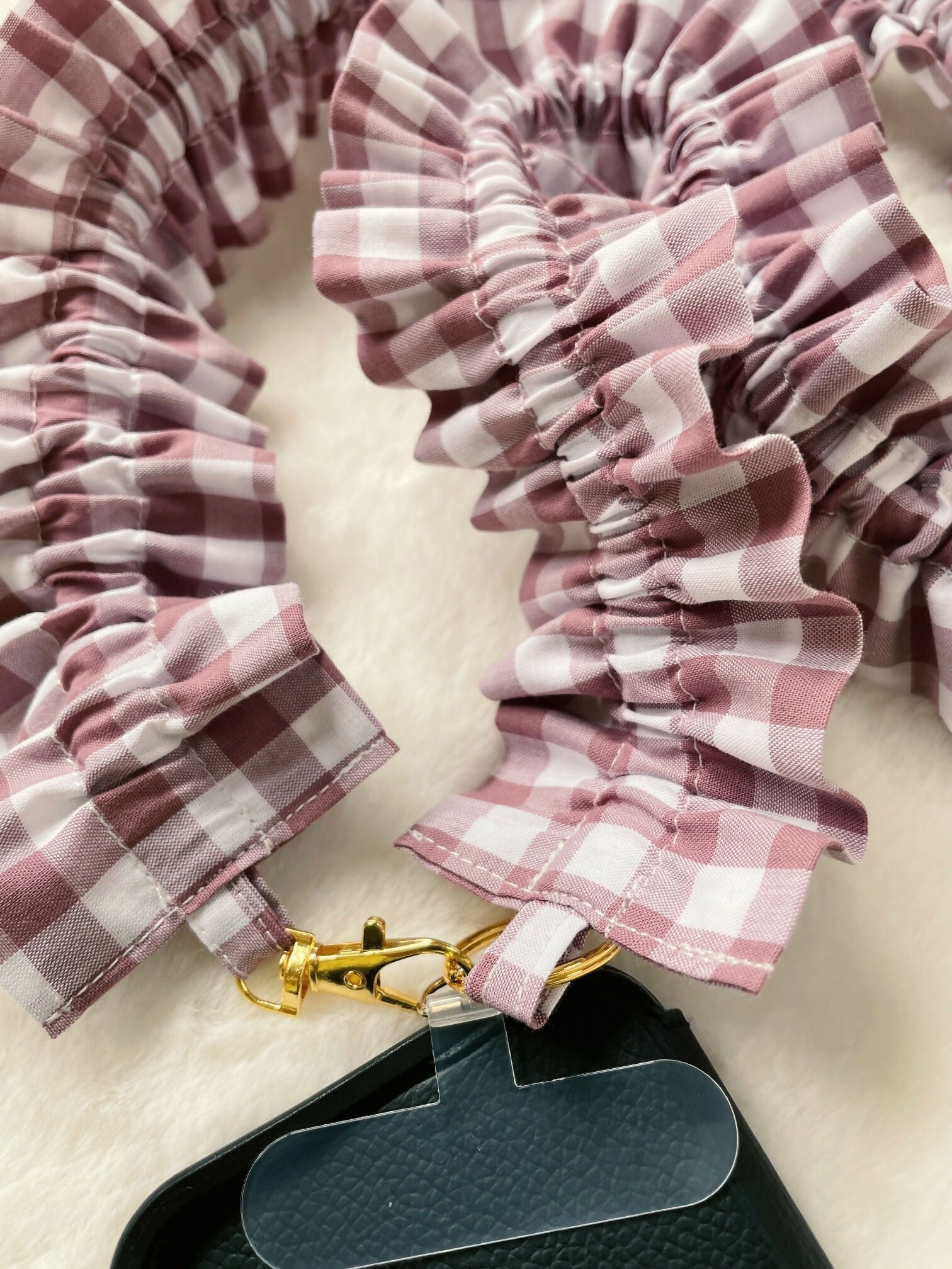 Handmade Ruffled Crossbody Phone Strap Mauve Gingham