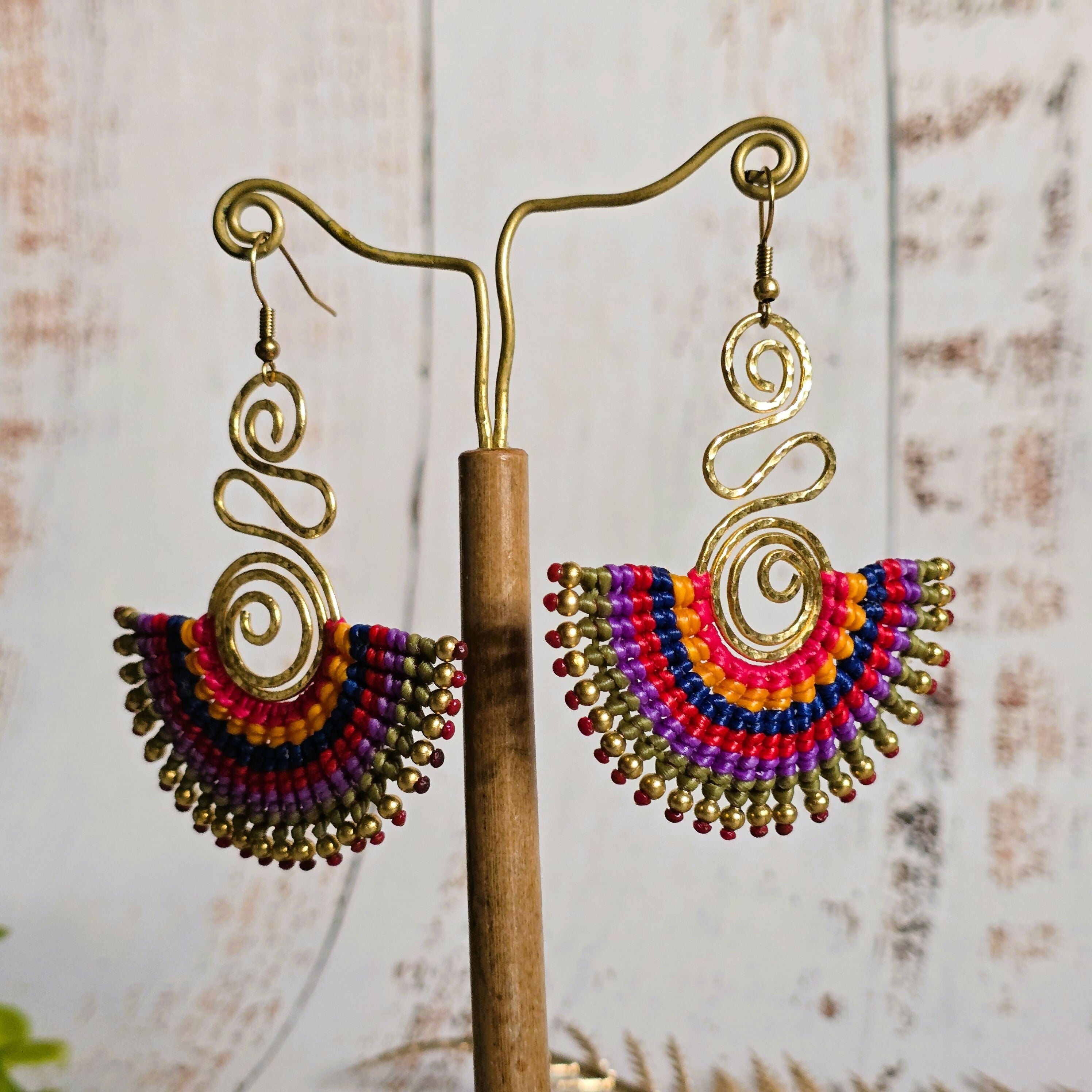 Rainbow Macrame Earrings; Statement Colourful Gold Wire Spiral Exotic Thai Boho Earrings