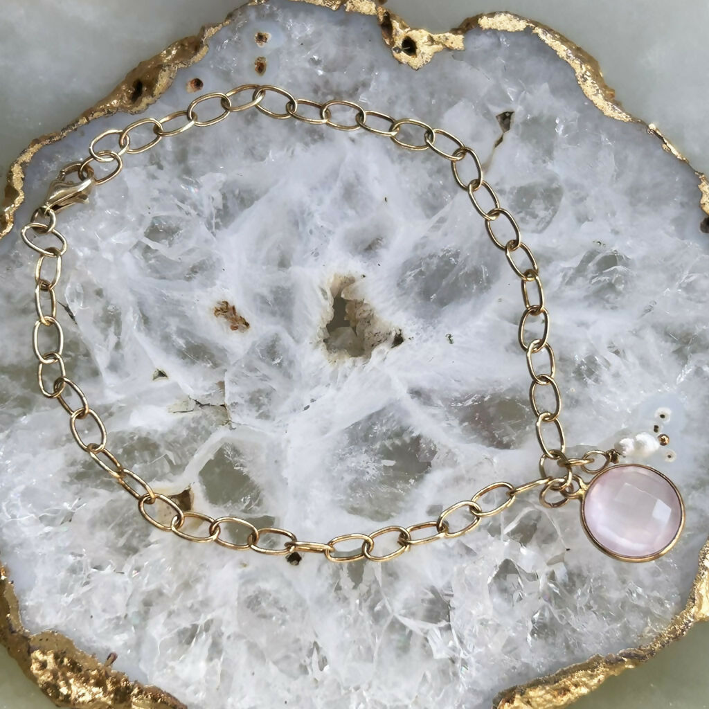 Handmade Gold Vermeil Rose Quartz And Fresh Water Pearl Cable Chain Bracelet