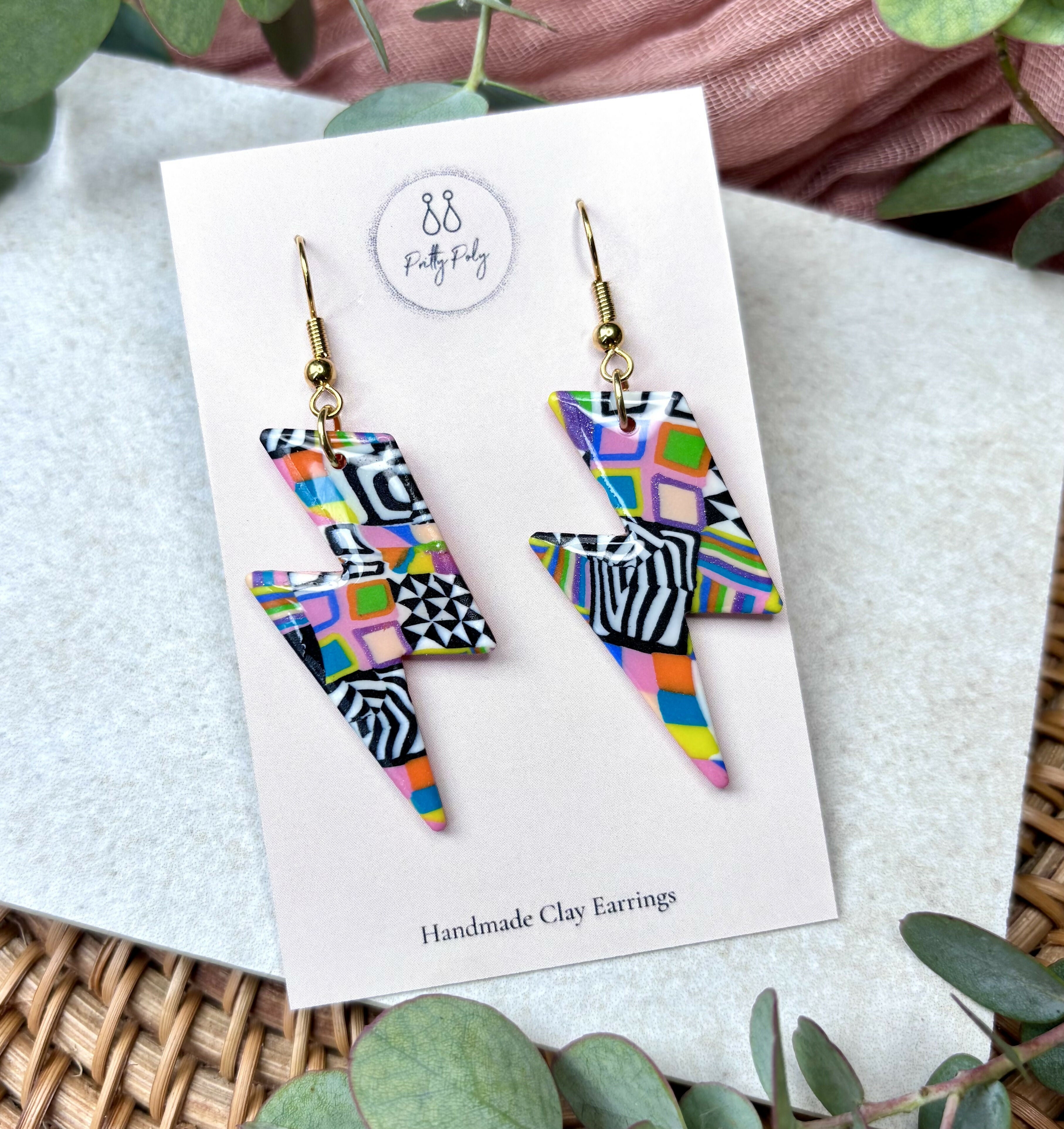 Funky Pattern Collection - Lightening Bolts Polymer Clay Earrings Hooks