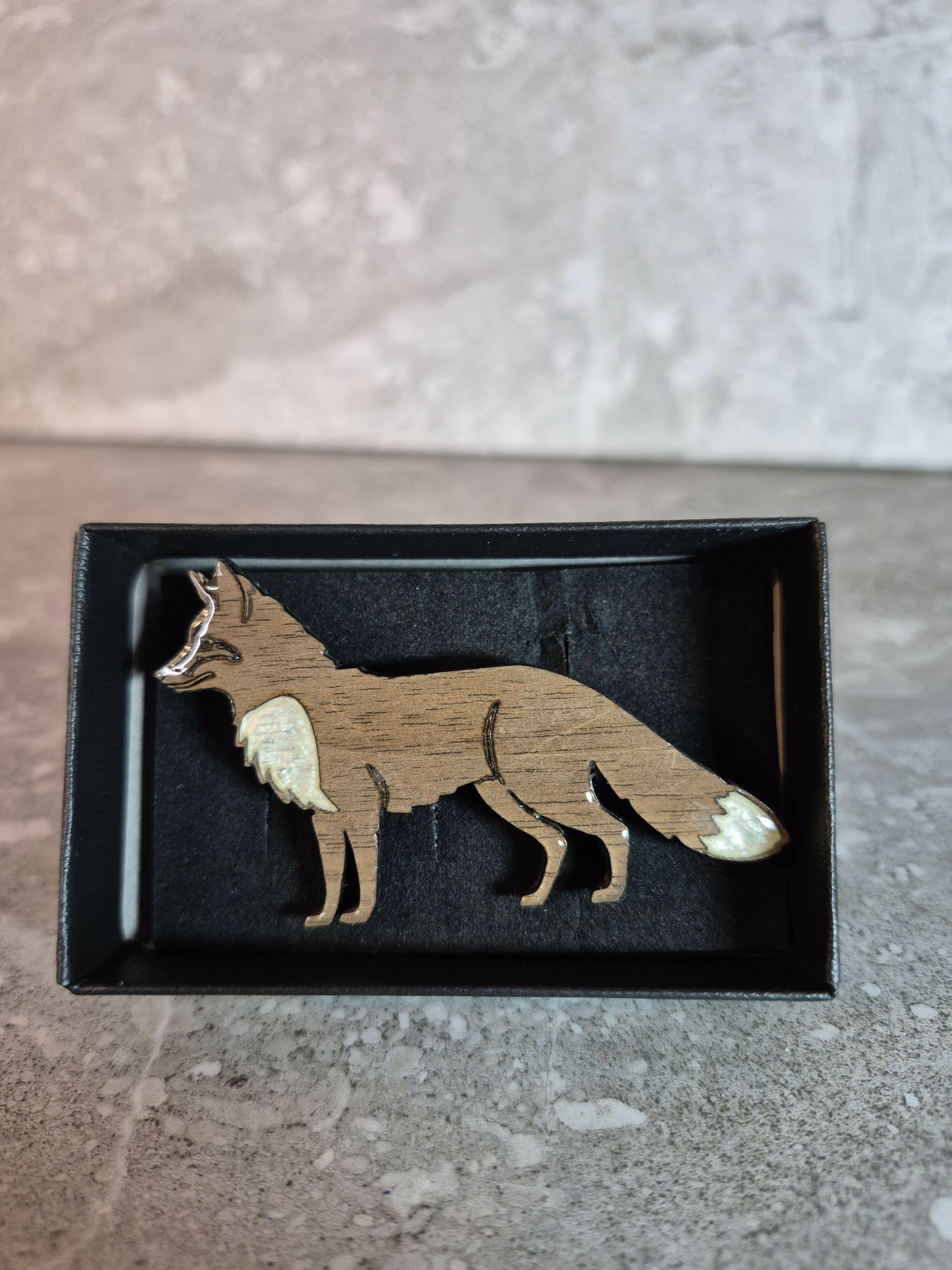 Handcrafted Walnut Veneered Red Fox Pin With White Accents
