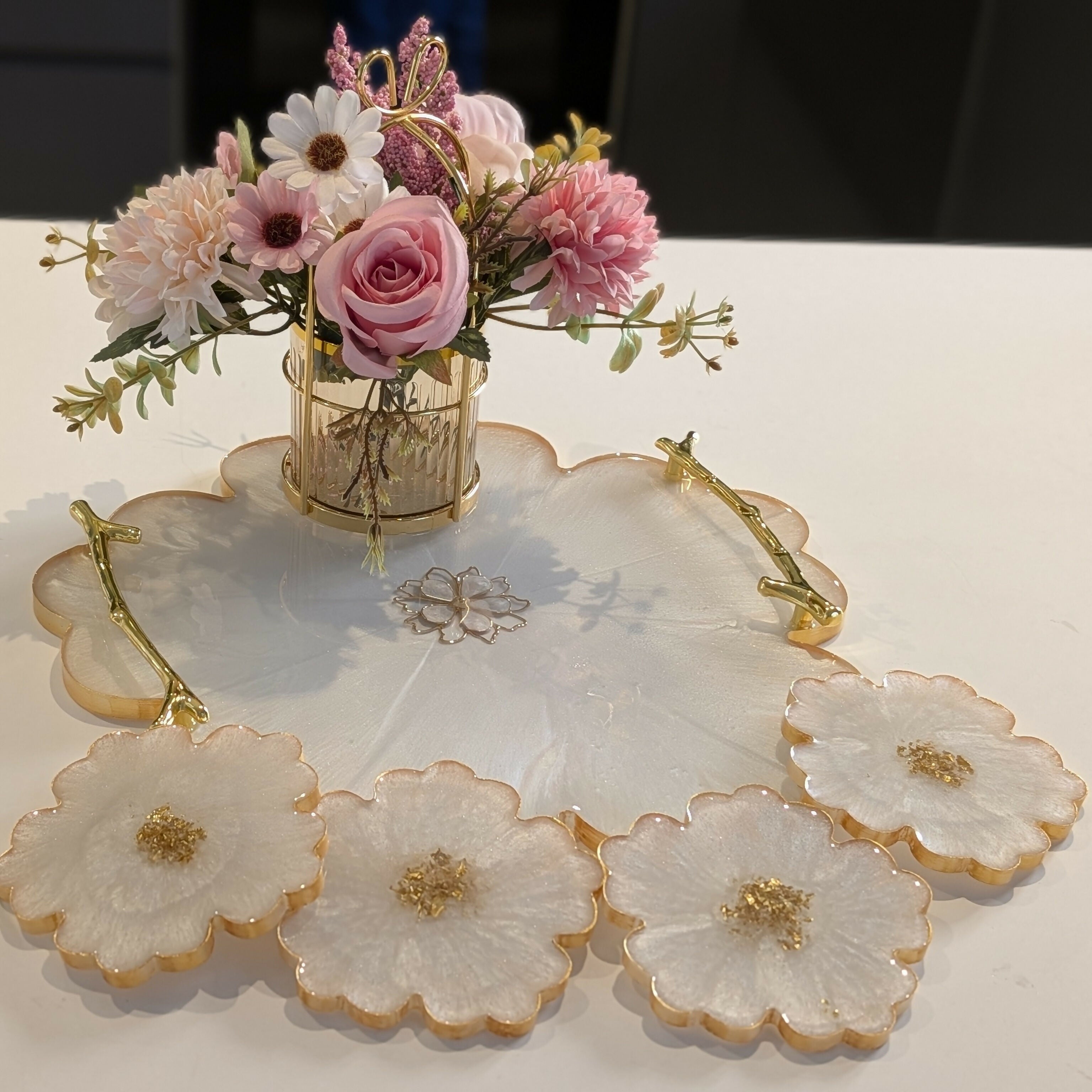 GOLD HANDLE SERVING TRAY HANDMADE FLOWER SET WITH COASTERS