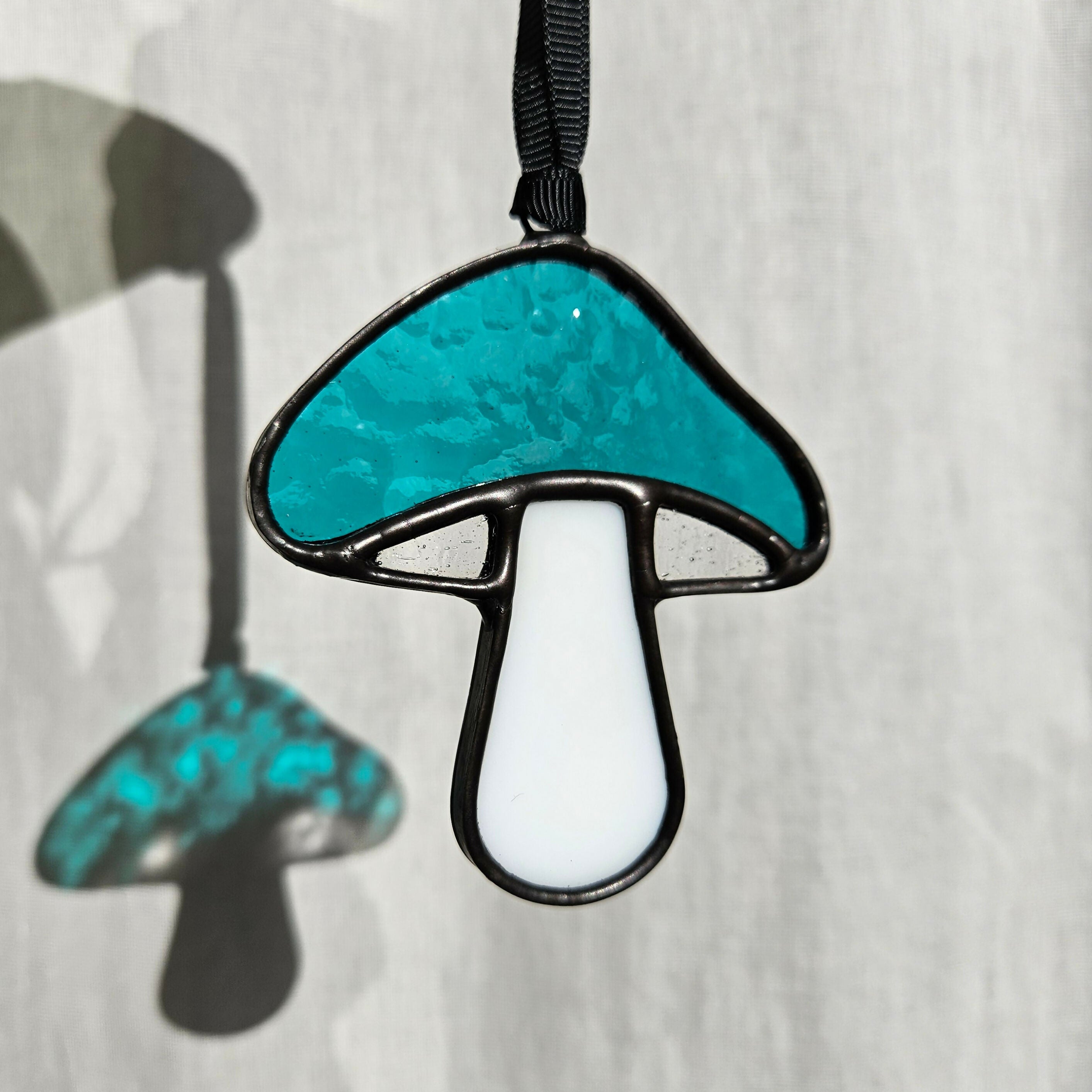 Hammered Blue Mushroom Stained Glass Suncatcher