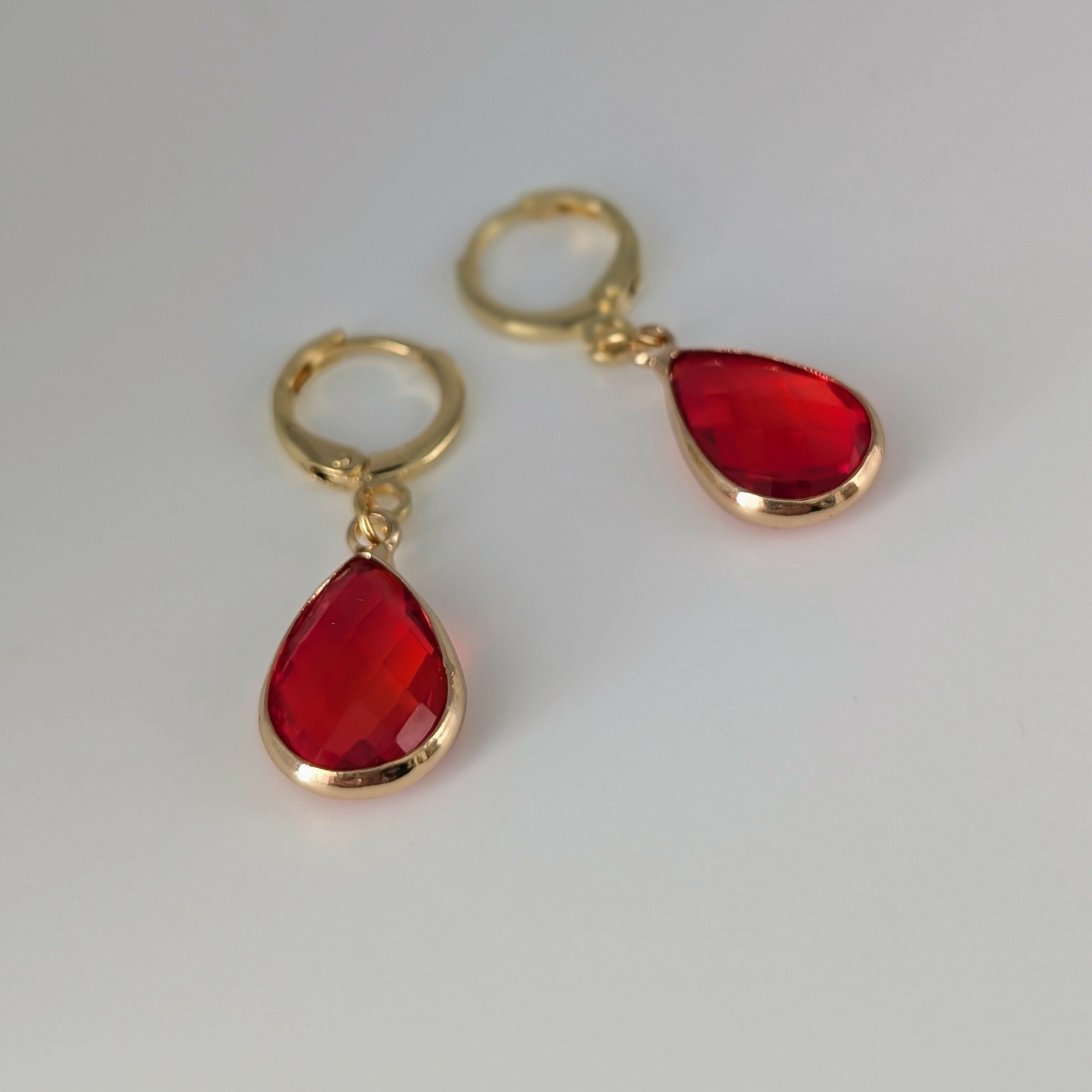 Vibrant Red Pink Faceted Crystal Teardop Gold Plated Huggie Earrings