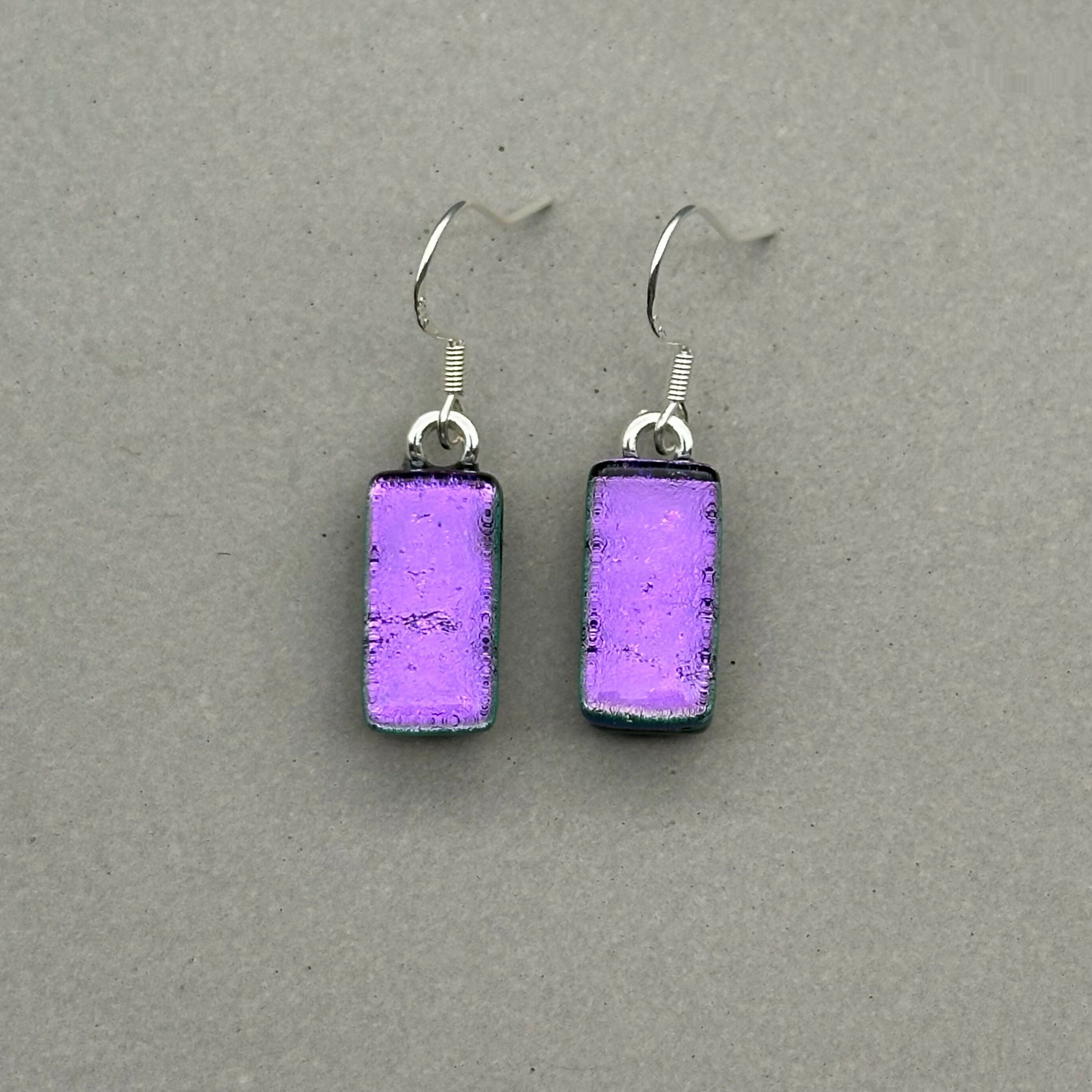 Purple Dichroic Fused Glass Dangle Sterling Silver Earrings - Handmade by Jade Tapson Glass.